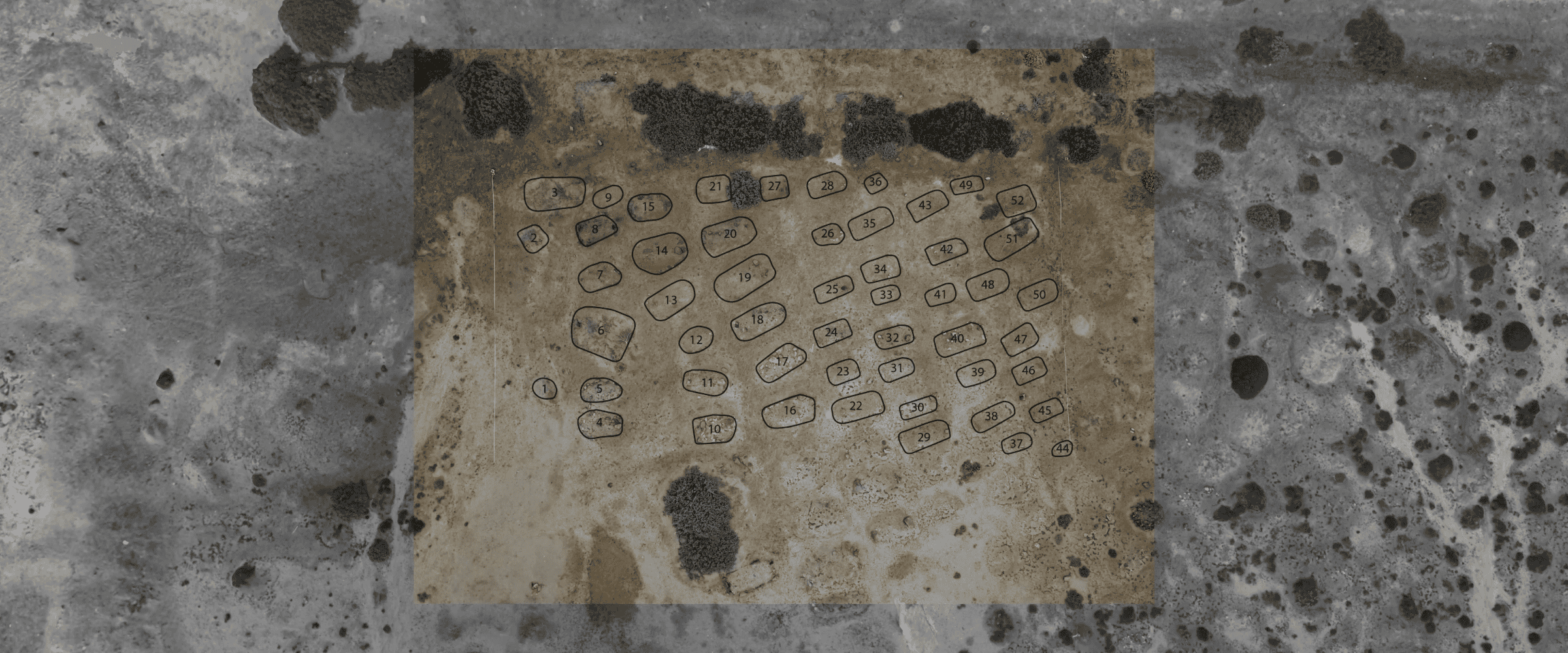 Identified Graves - The annotated aerial image of the survey grid shows the visible sand mounds and the feature numbers assigned to each. The survey identified several likely mass graves. (Centre of Archaeology at Staffordshire University and Forensic Architecture/Forensis, 2024)