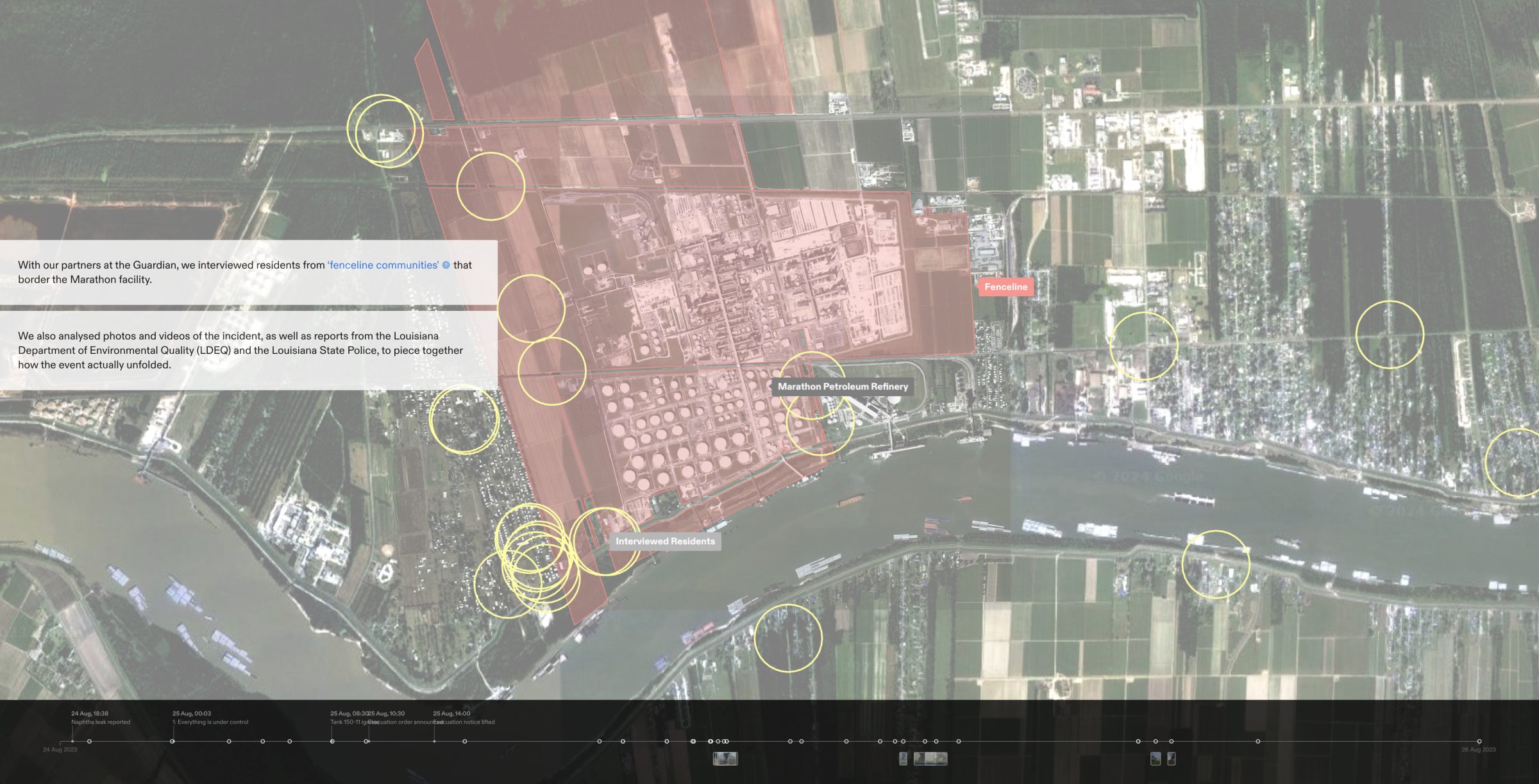 Interview locations - A screenshot from our platform showing the locations of residents from the communities surrounding the Marathon facility who we interviewed with our partners at the Guardian. (Forensic Architecture, 2024)