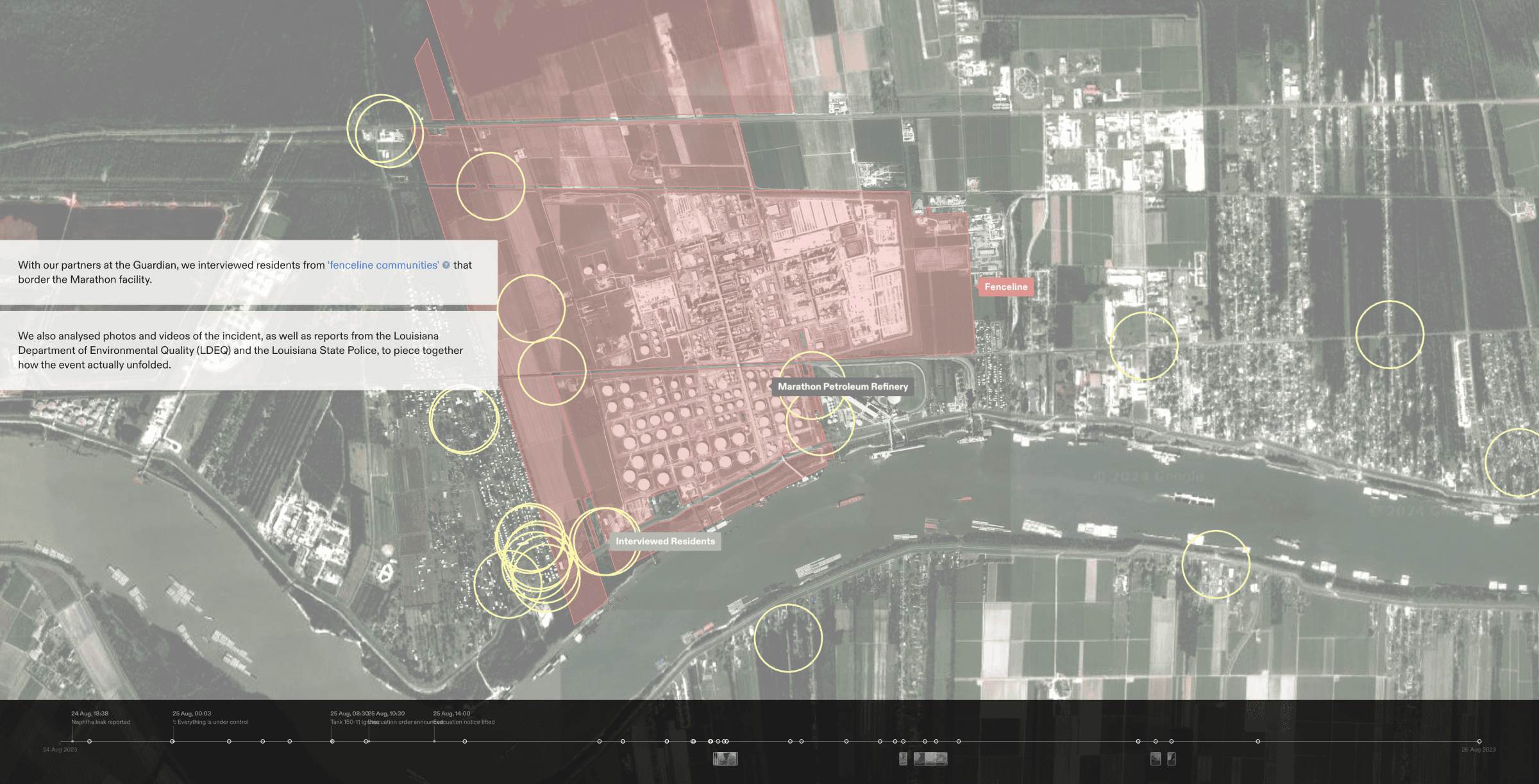 Interview locations - A screenshot from our platform showing the locations of residents from the communities surrounding the Marathon facility who we interviewed with our partners at the Guardian. (Forensic Architecture, 2024)