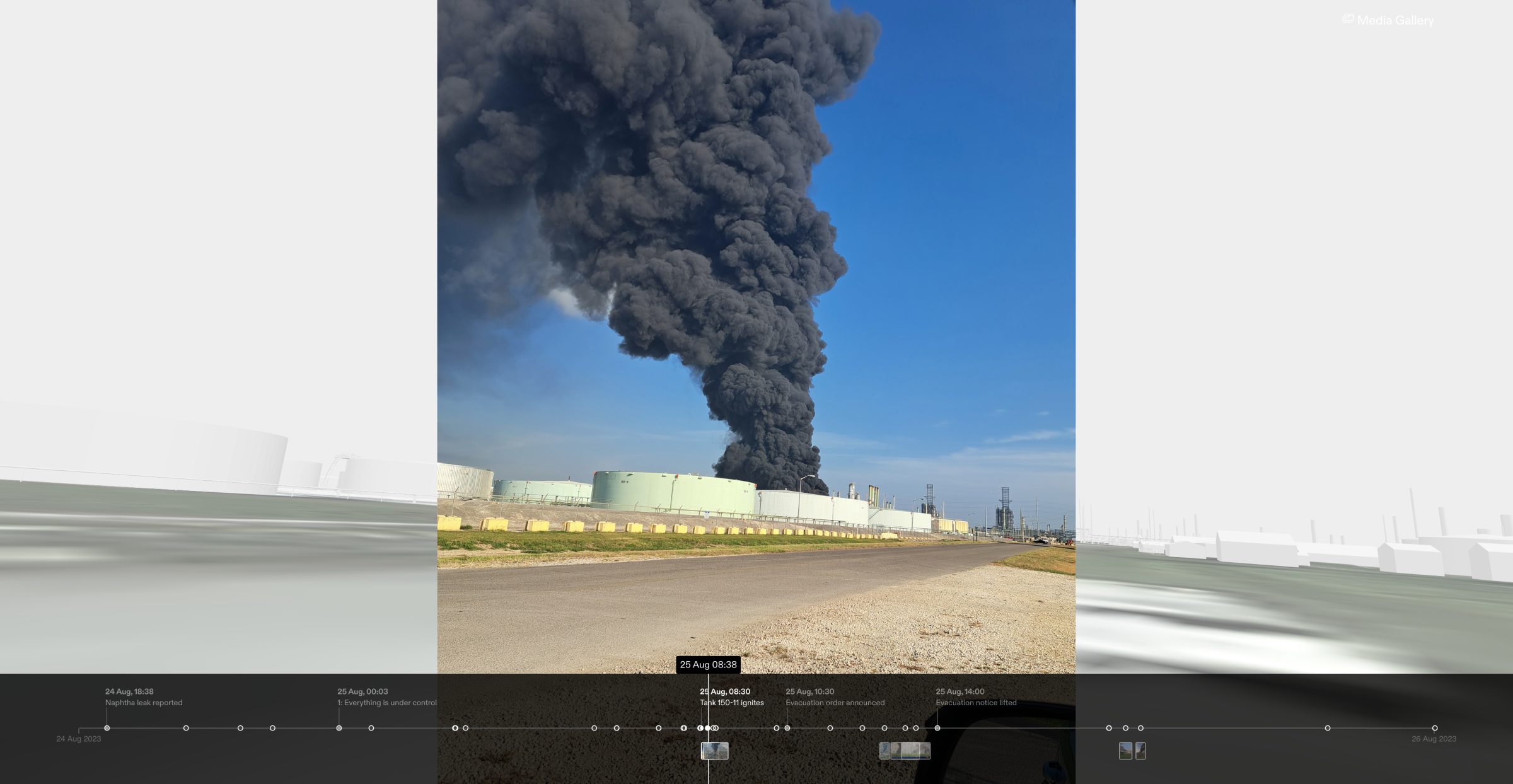 Photomatch - An image of the plume is situated within our digital environment of the facility and surrounding area, accompanied by a timeline of events. Image: Darnell Alboudoor (Forensic Architecture, 2024)