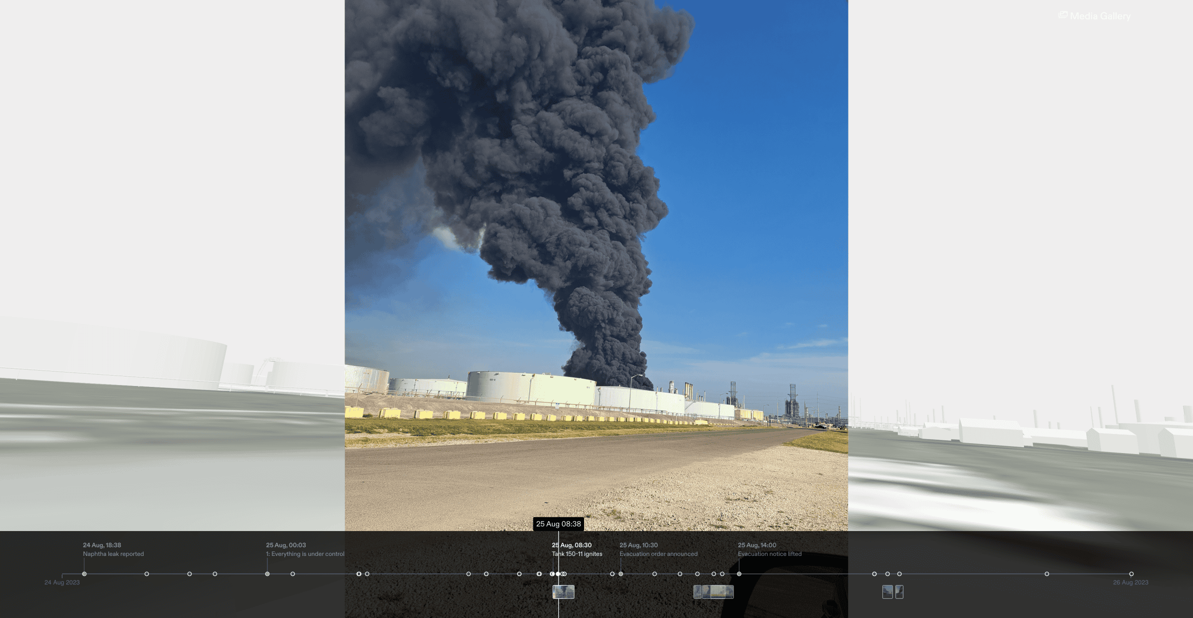 Photomatch - An image of the plume is situated within our digital environment of the facility and surrounding area, accompanied by a timeline of events. Image: Darnell Alboudoor (Forensic Architecture, 2024)