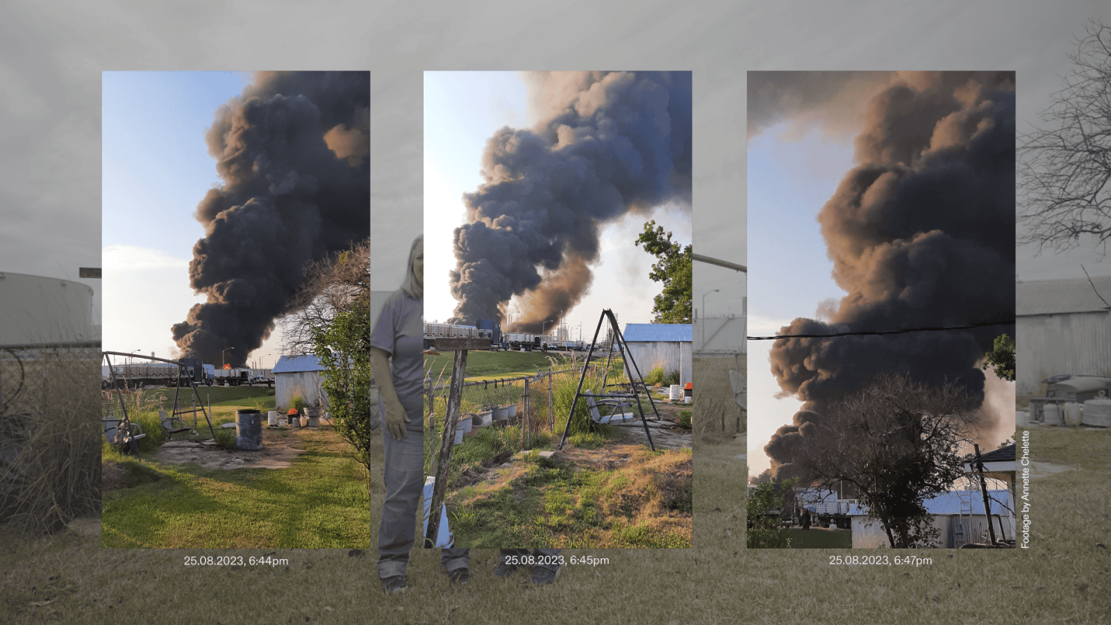 Three images - Three images taken from the residential property of Mr Ovidio Martinez and Annette Chelette in the fenceline community of Lions show the extent of the plume and fire, more than four hours after the evacuation order was lifted. Images: Annette Chelette (Forensic Architecture, 2024)