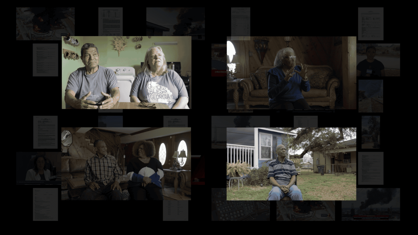 Interview participants - Interview participants. From top left, clockwise: Ovidio Martinez and Annette Chelette, Mary Hampton, Wayne James and Melinda James, Andrew Stirling Jr. (Forensic Architecture/Guardian, 2024)