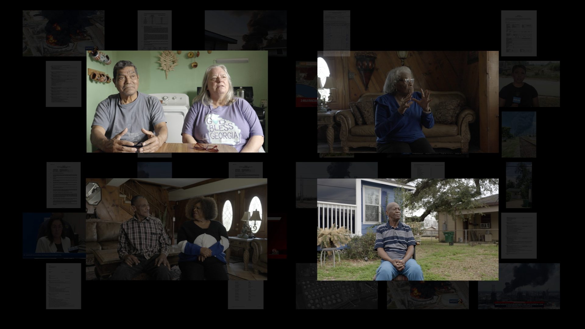 Interview participants - Interview participants. From top left, clockwise: Ovidio Martinez and Annette Chelette, Mary Hampton, Wayne James and Melinda James, Andrew Stirling Jr. (Forensic Architecture/Guardian, 2024)