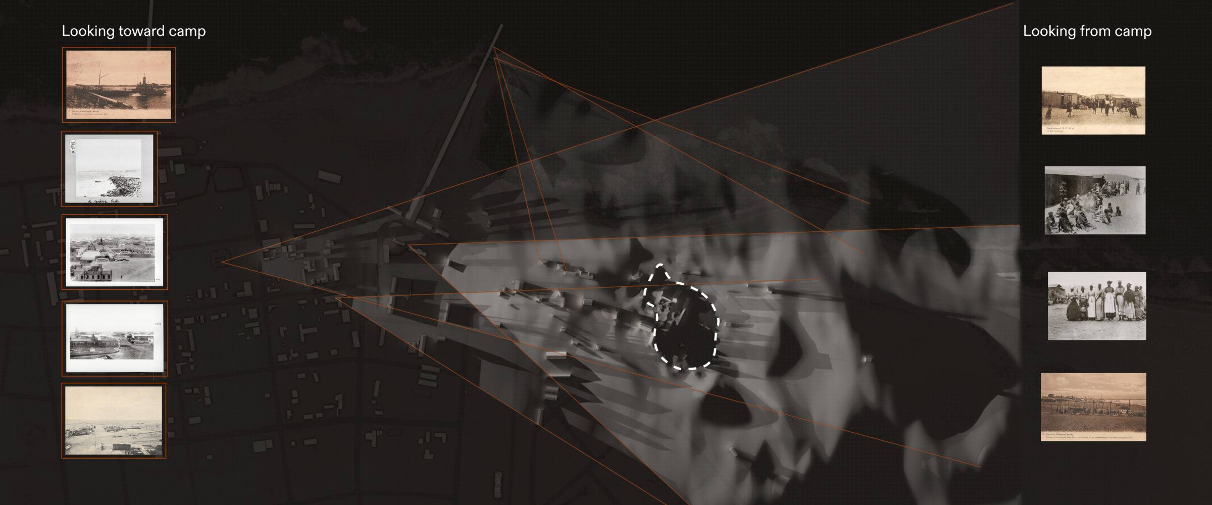 Analysis of Sightlines - In our 'sightline analysis', areas out of sight from the positions of photographs taken from the town are in darkness. The darkest area corresponds with the potential location of the camp. (Forensic Architecture/Forensis, 2024)
