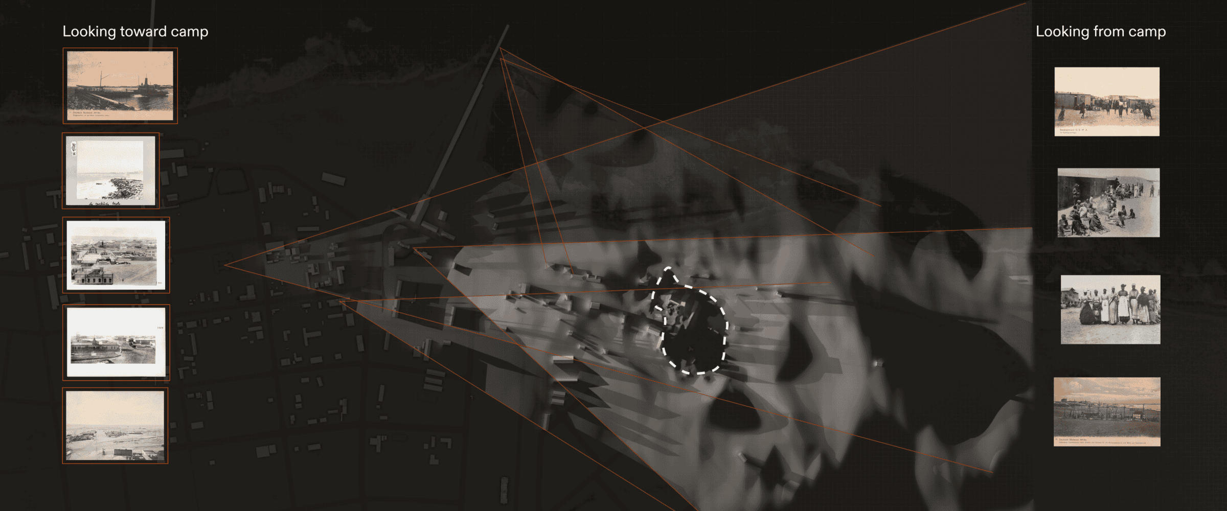 Analysis of Sightlines - In our 'sightline analysis', areas out of sight from the positions of photographs taken from the town are in darkness. The darkest area corresponds with the potential location of the camp. (Forensic Architecture/Forensis, 2024)