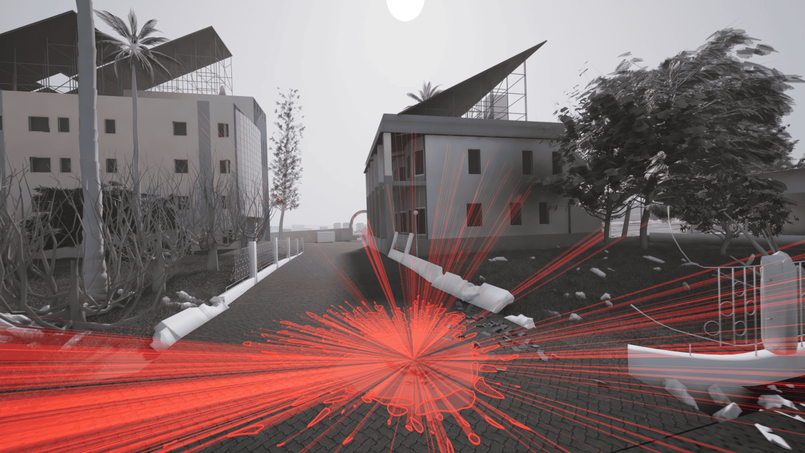 Digital Reconstruction of the Blast - A digital reconstruction of the blast, created by tracing lines from the crater to the locations of shrapnel markings on buildings around the hospital courtyard. (Forensic Architecture, 2024)