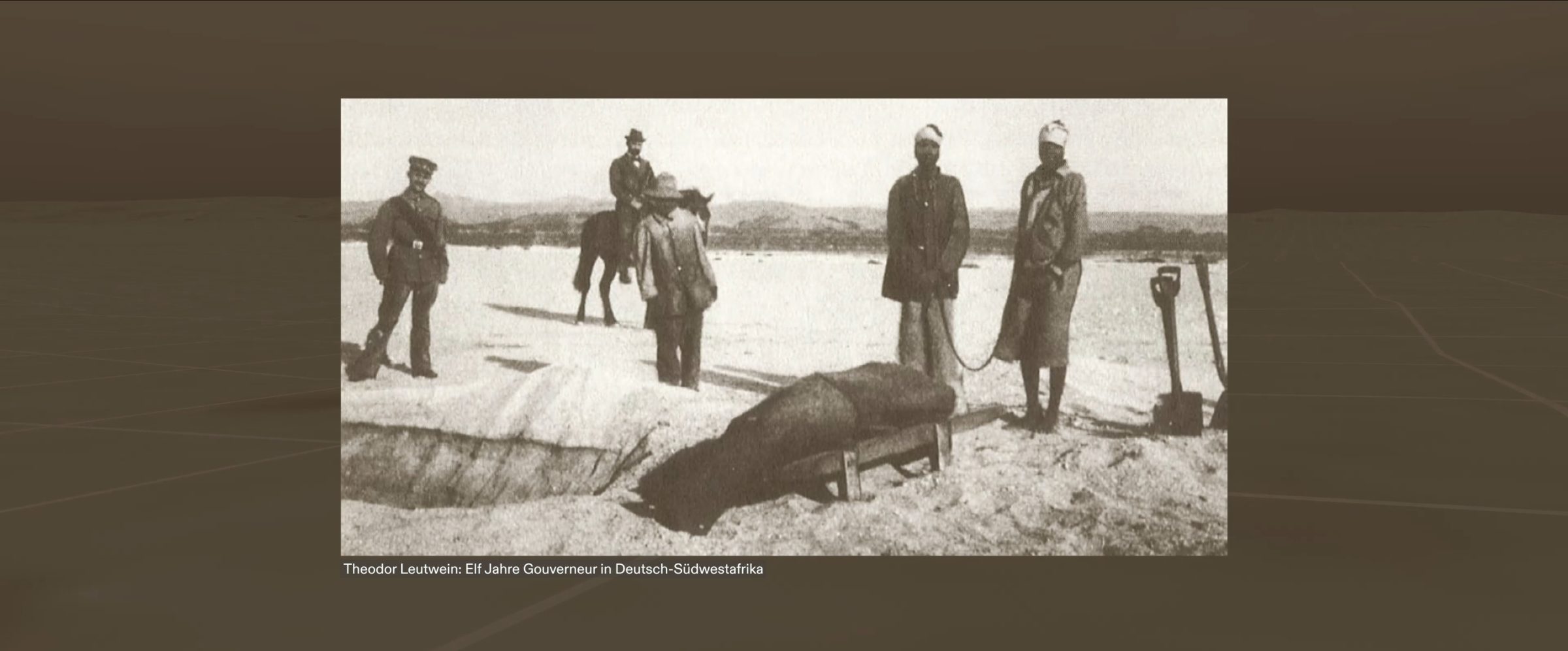 Burial Scene - Prisoners bury former fellow captives in unmarked graves, under the supervision of German soldiers. Archival photograph: Theodor Leutwein: Elf Jahre Gouverneur in Deutsch-Südwestafrika. (Forensic Architecture/Forensis, 2024)
