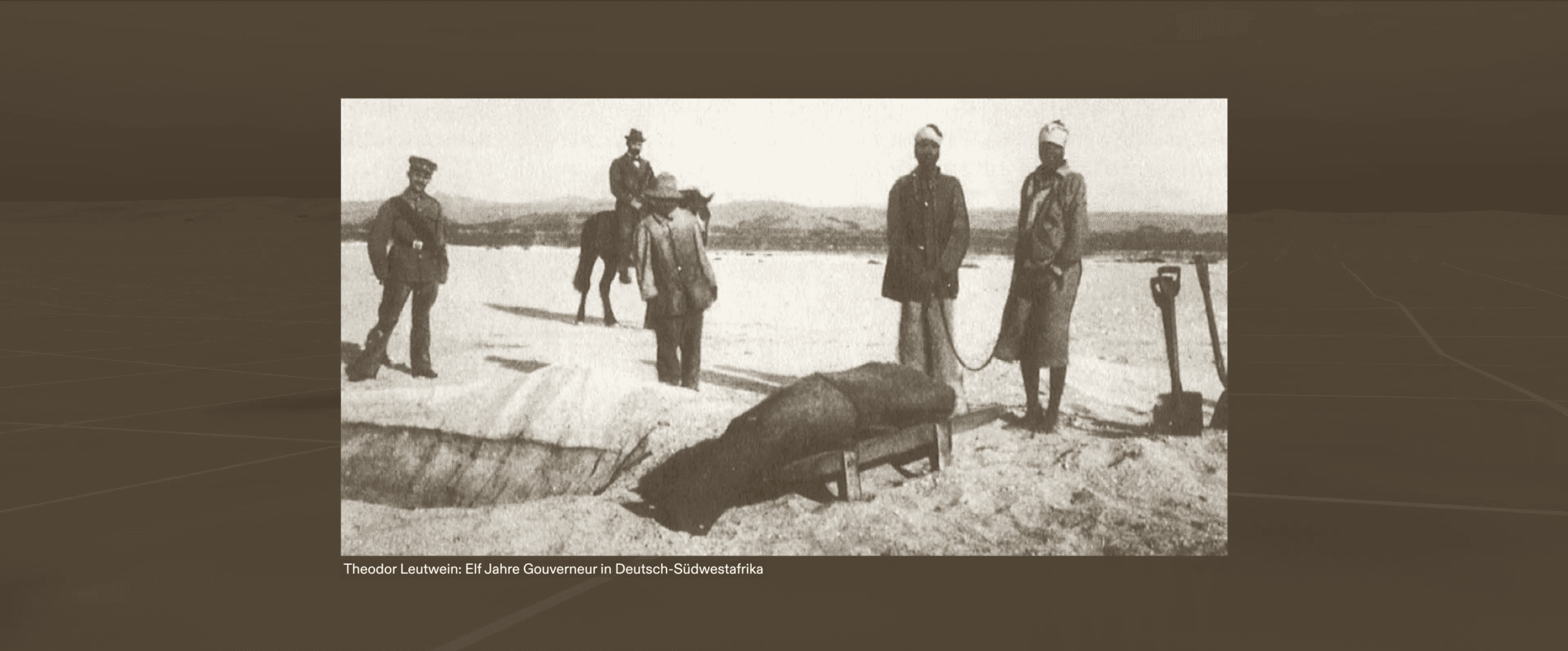 Burial Scene - Prisoners bury former fellow captives in unmarked graves, under the supervision of German soldiers. Archival photograph: Theodor Leutwein: Elf Jahre Gouverneur in Deutsch-Südwestafrika. (Forensic Architecture/Forensis, 2024)