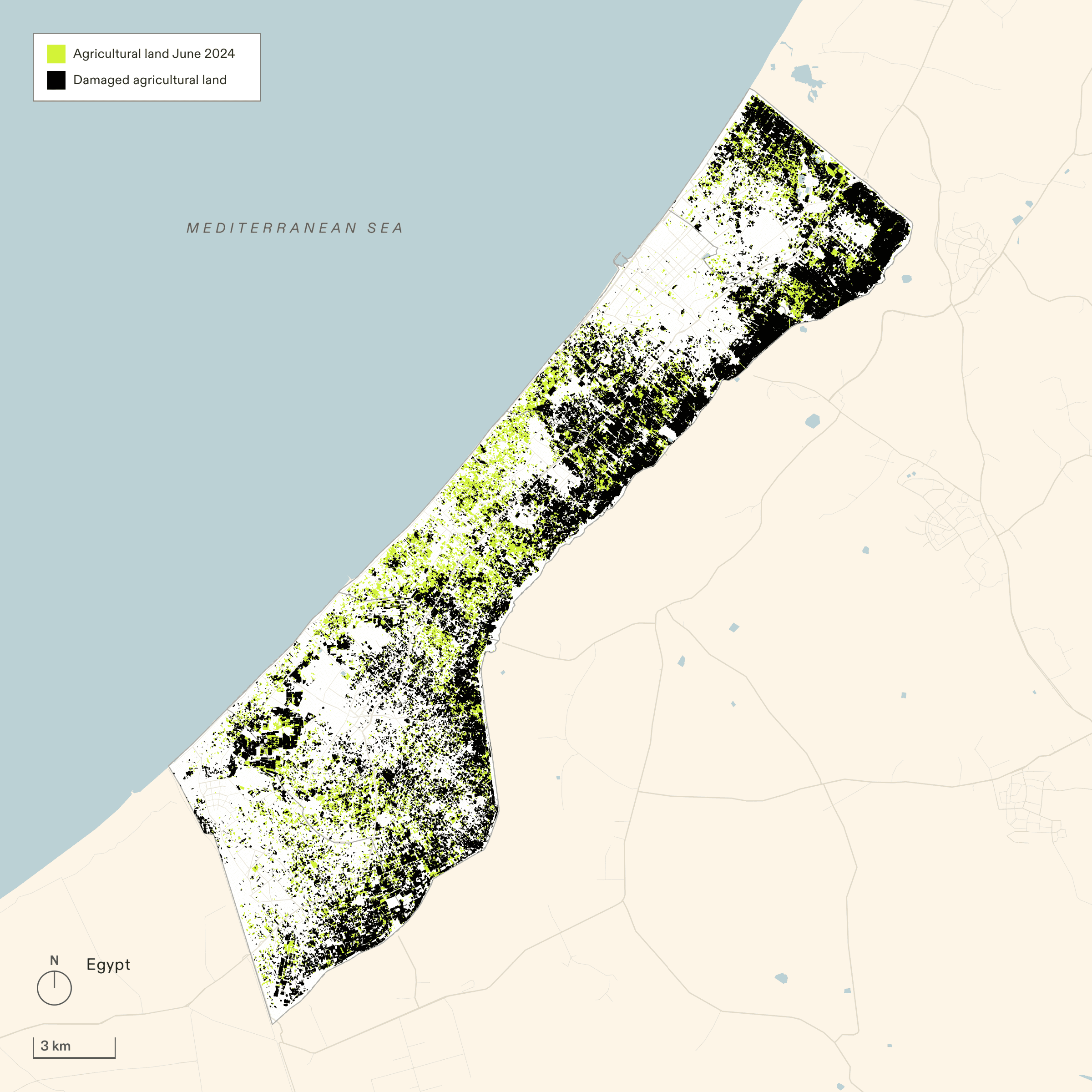 Destruction of Agriculture - Cumulative destruction of agricultural land between October 2023 and June 2024.