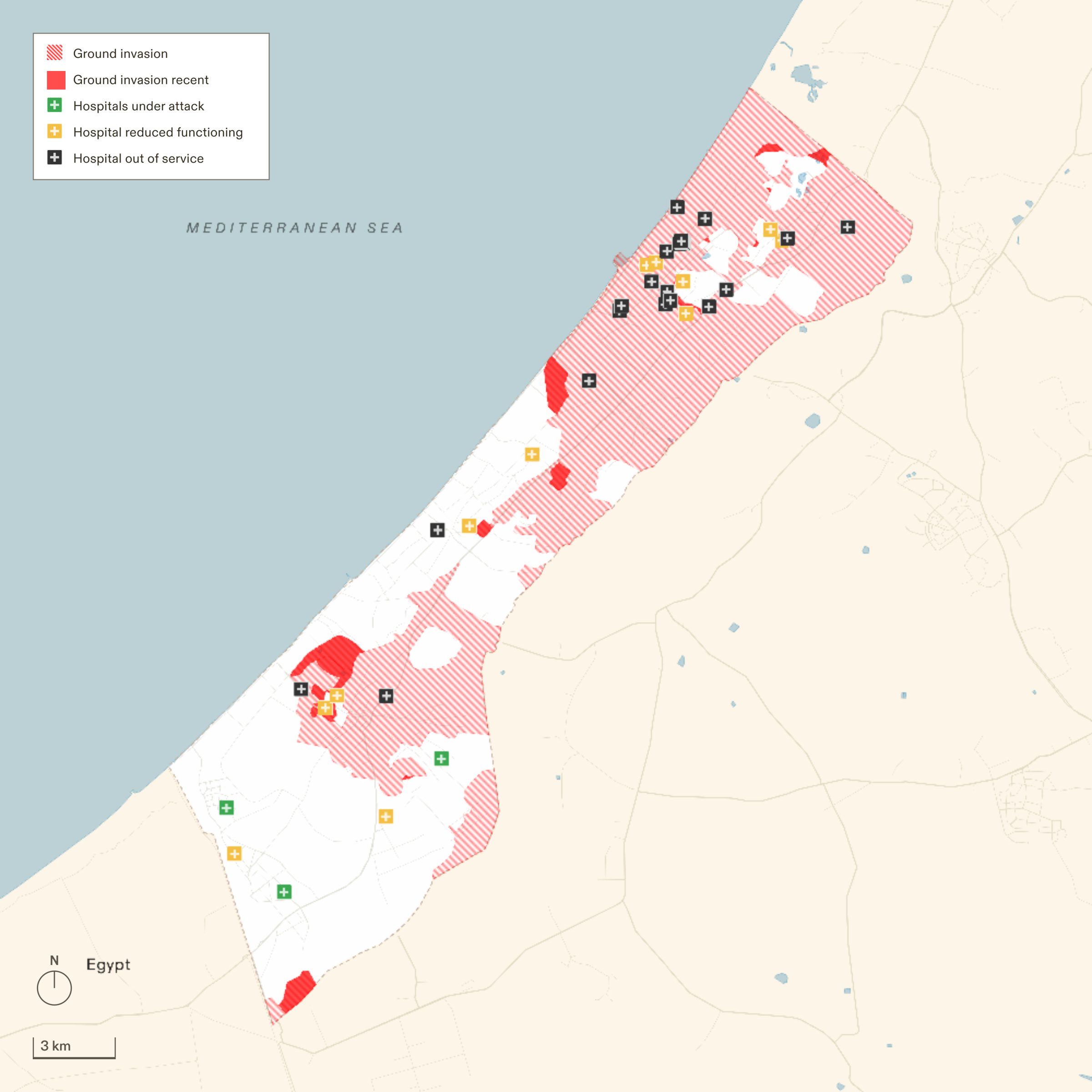 Destruction of Medical Infrastructure - The status of hospitals in Gaza in relation of the extent to the ground invasion as of that day, 14 February 2024.