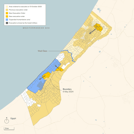 Displacement - Displacement into the ‘humanitarian zone’ on 16 August 2024, and further exclusion of areas within the ‘humanitarian zone’ (areas civilians had been directed to just eight days earlier).