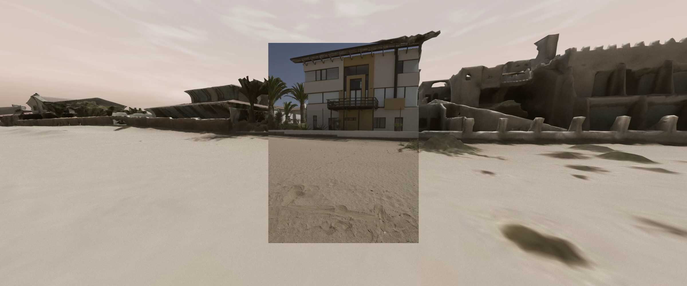 Exposed Coffin Found Under Flattened Sands - A partially exposed wooden coffin lies within the burial ground, situated near a row of houses. (Forensic Architecture/Forensis, 2024)