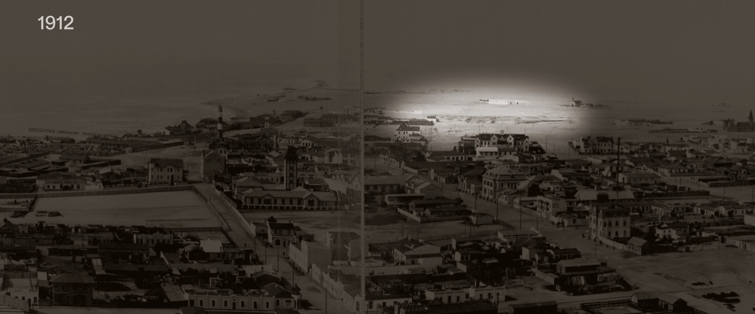 Finding the Camp (1912) - Three features were instrumental in geolocating the concentration camp: a wooden structure near to the beach, a telegraph company building, and two tents perpendicular to one another. Archival photograph: Bildarchiv der Deutschen Kolonialgesellschaft, Universitätsbibliothek Frankfurt am Main. Forensic Architecture/Forensis, 2024)