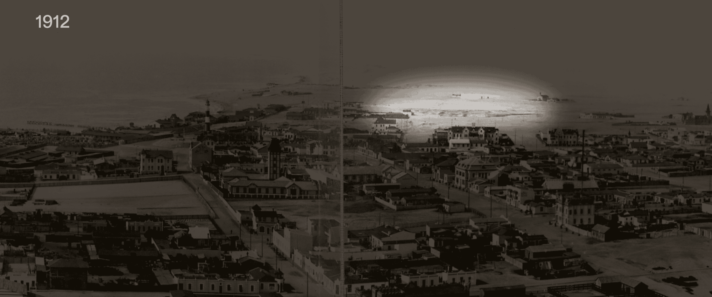 Finding the Camp (1912) - Three features were instrumental in geolocating the concentration camp: a wooden structure near to the beach, a telegraph company building, and two tents perpendicular to one another. Archival photograph: Bildarchiv der Deutschen Kolonialgesellschaft, Universitätsbibliothek Frankfurt am Main. Forensic Architecture/Forensis, 2024)