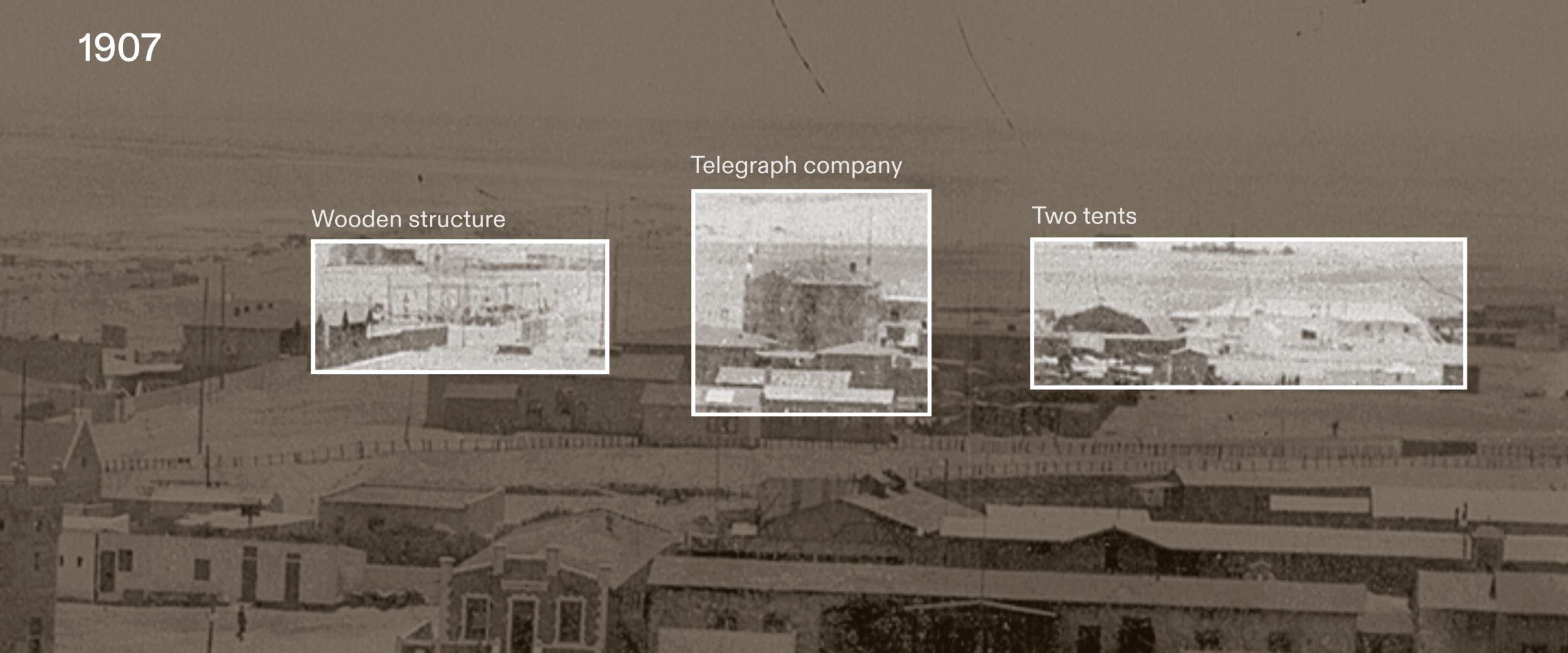 Finding the Camp (1907) - Three features were instrumental in geolocating the concentration camp: a wooden structure near to the beach, a telegraph company building, and two tents perpendicular to one another. Archival photograph: Bildarchiv der Deutschen Kolonialgesellschaft, Universitätsbibliothek Frankfurt am Main. Forensic Architecture/Forensis, 2024)