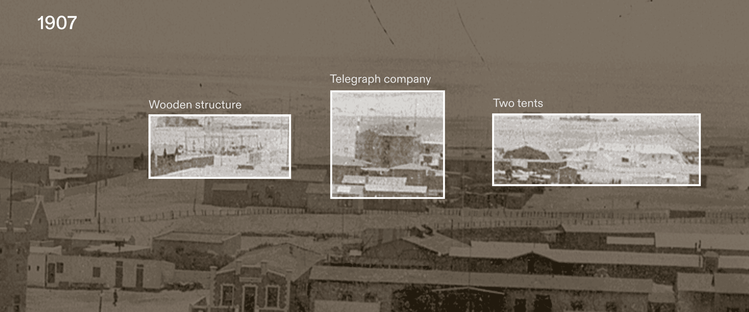 Finding the Camp (1907) - Three features were instrumental in geolocating the concentration camp: a wooden structure near to the beach, a telegraph company building, and two tents perpendicular to one another. Archival photograph: Bildarchiv der Deutschen Kolonialgesellschaft, Universitätsbibliothek Frankfurt am Main. Forensic Architecture/Forensis, 2024)