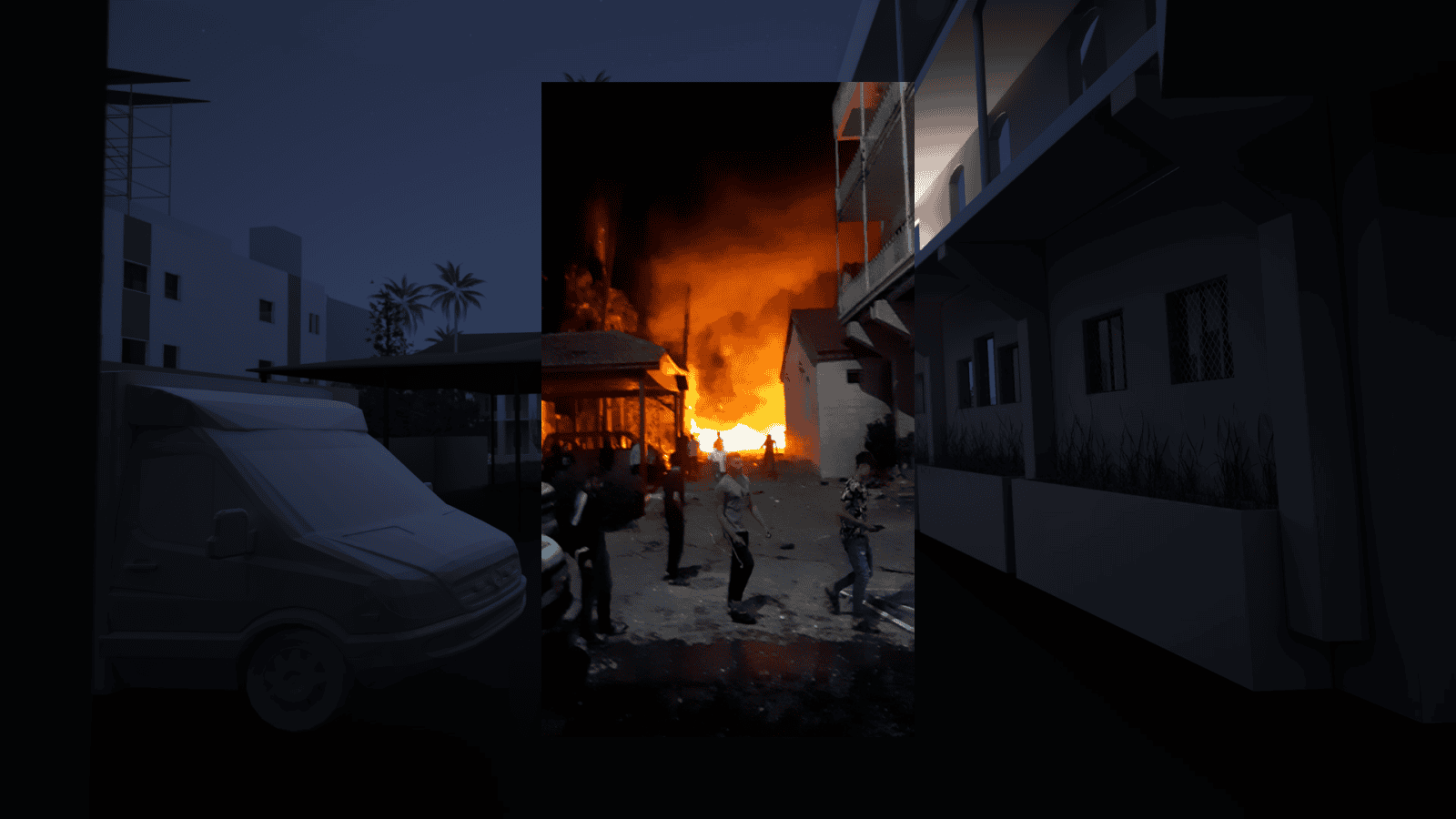 Ghassan Footage - A still image from video of the aftermath of the blast recorded by Dr Ghassan Abu-Sittah, placed within our 3D reconstruction of al-Ahli Hospital. (Forensic Architecture, 2024)