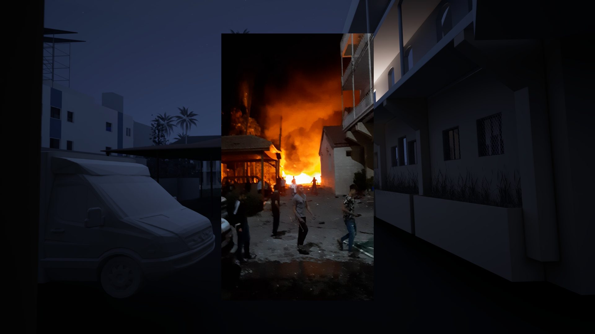  - A still image from a video recorded by Dr Ghassan Abu-Sittah of the aftermath of the blast at al-Ahli Hospital, placed within FA's 3D reconstruction of hospital complex. (Forensic Architecture, 2024)