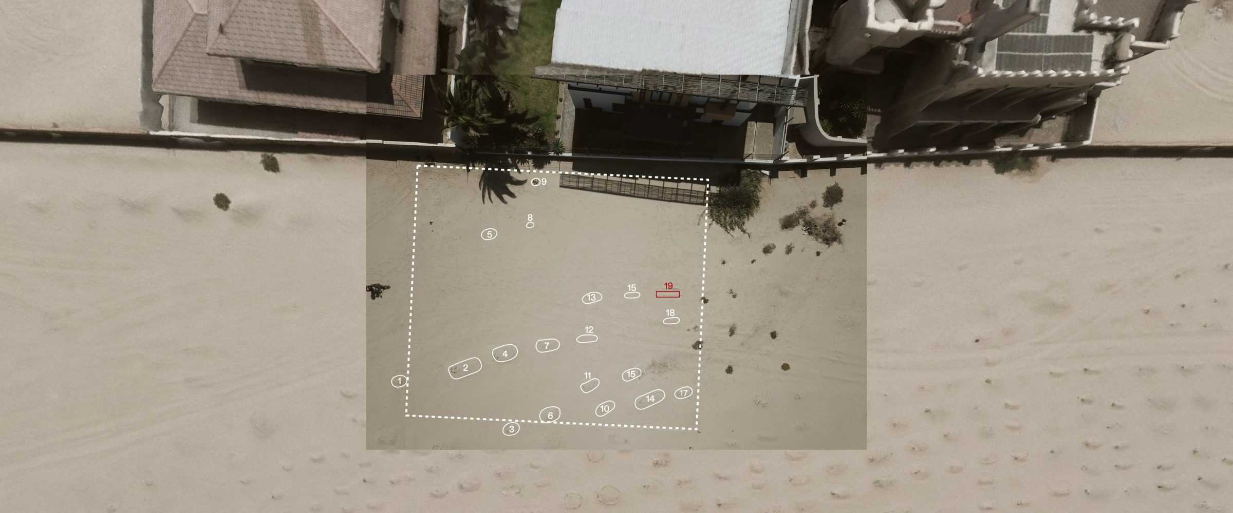 Likely Graves Identified through Ground Penetrating Radar - An annotated aerial image of a GPR survey that illustrates the visible sand mounds. The survey identified several unmarked graves, and a coffin. (Centre of Archaeology at Staffordshire University and Forensic Architecture/Forensis, 2024)