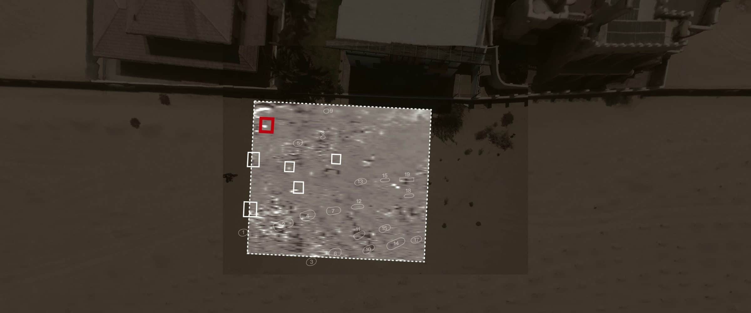 Likely Graves under Flattened Ground Identified through Ground Penetrating Radar - The results of the GPR survey suggest six more graves in the area which are not marked by a sand mound. (Centre of Archaeology at Staffordshire University and Forensic Architecture/Forensis, 2024)