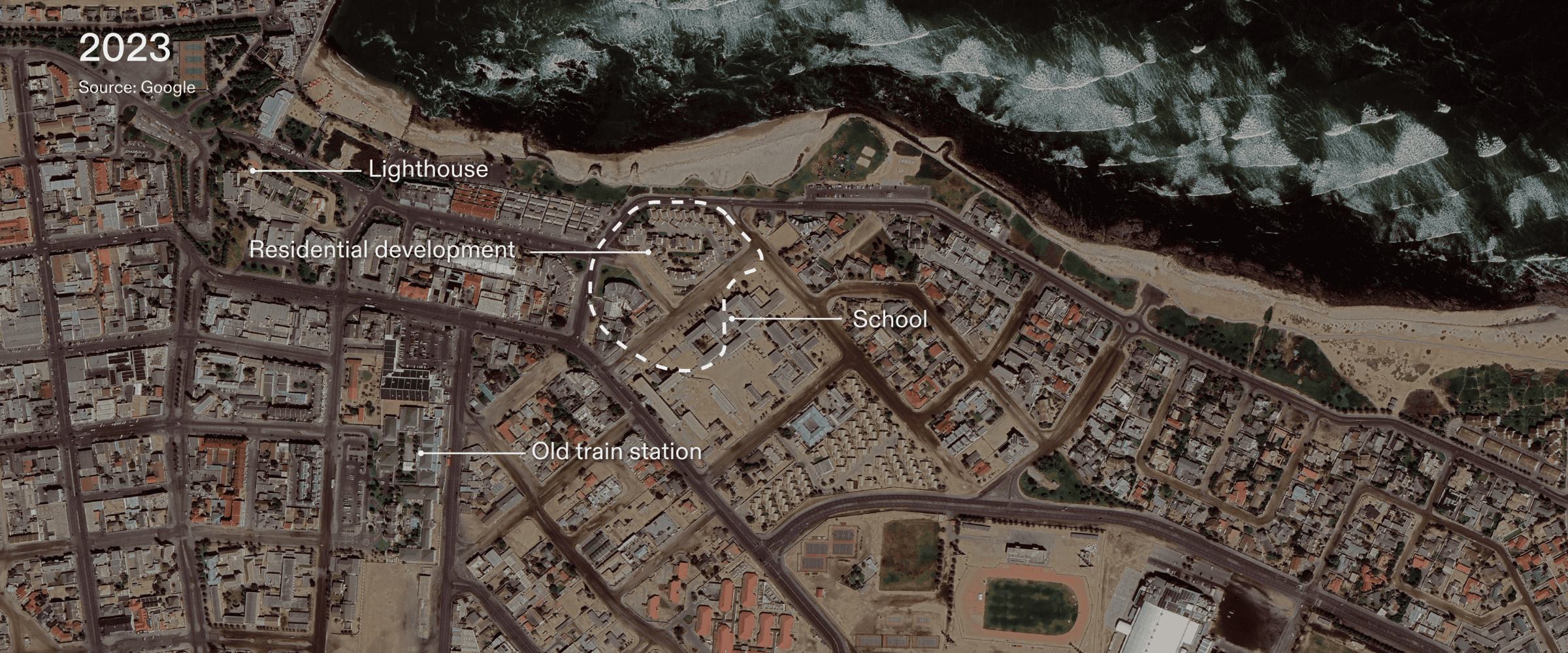 Location of the Concentration Camp - A contemporary satellite image of Swakopmund with annotations demarcating the likely outer boundary of the historic concentration camp. Satellite Image: Google, Maxar Technologies 2024. (Forensic Architecture/Forensis, 2024)