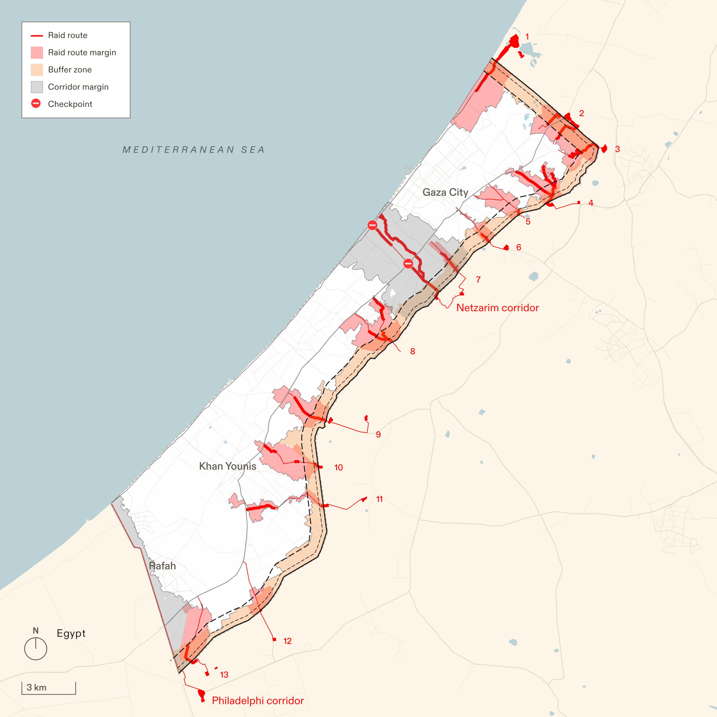 Spatial Control - The total area destroyed and cleared for establishment of the buffer zone, raid routes, Netzarim corridor and Philadelphi corridor is 131.7 sq km, which constitutes 36% of the area of Gaza. The series of smaller dashed lines marks the 300m buffer zone in effect before 7 October 2023. The second, larger series of dashed lines marks 1km from the perimeter.