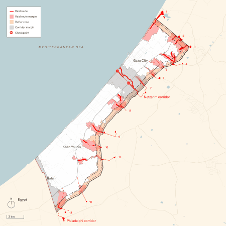 Spatial Control - The total area destroyed and cleared for establishment of the buffer zone, raid routes, Netzarim corridor and Philadelphi corridor is 131.7 sq km, which constitutes 36% of the area of Gaza. The series of smaller dashed lines marks the 300m buffer zone in effect before 7 October 2023. The second, larger series of dashed lines marks 1km from the perimeter.