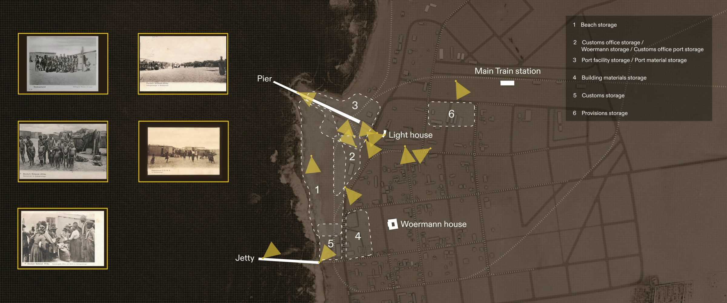 Images of the Gefangenenlager - Five archival photographs could not be located within our map of Woermann’s logistics network in Swakopmund. Archival photographs: DSWA Postkarten.