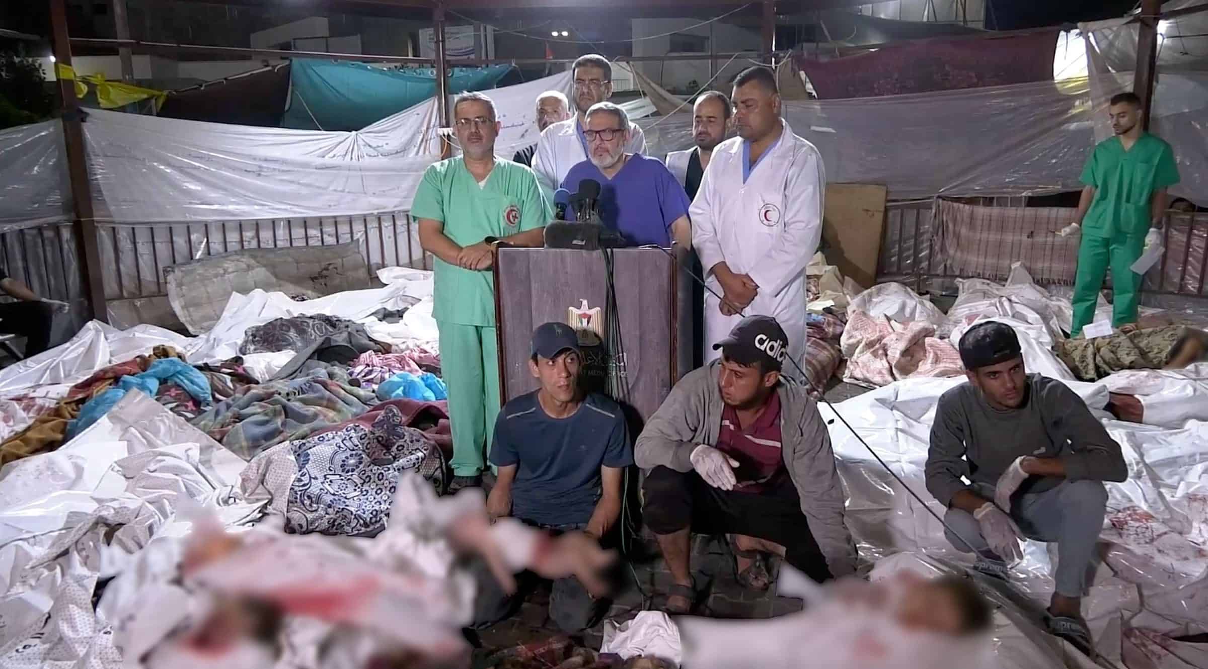 Ghassan Press Conference - Dr Ghassan Abu-Sittah at the podium, during a press conference at al-Shifa Hospital on 17 October 2023. Image: Anadolu