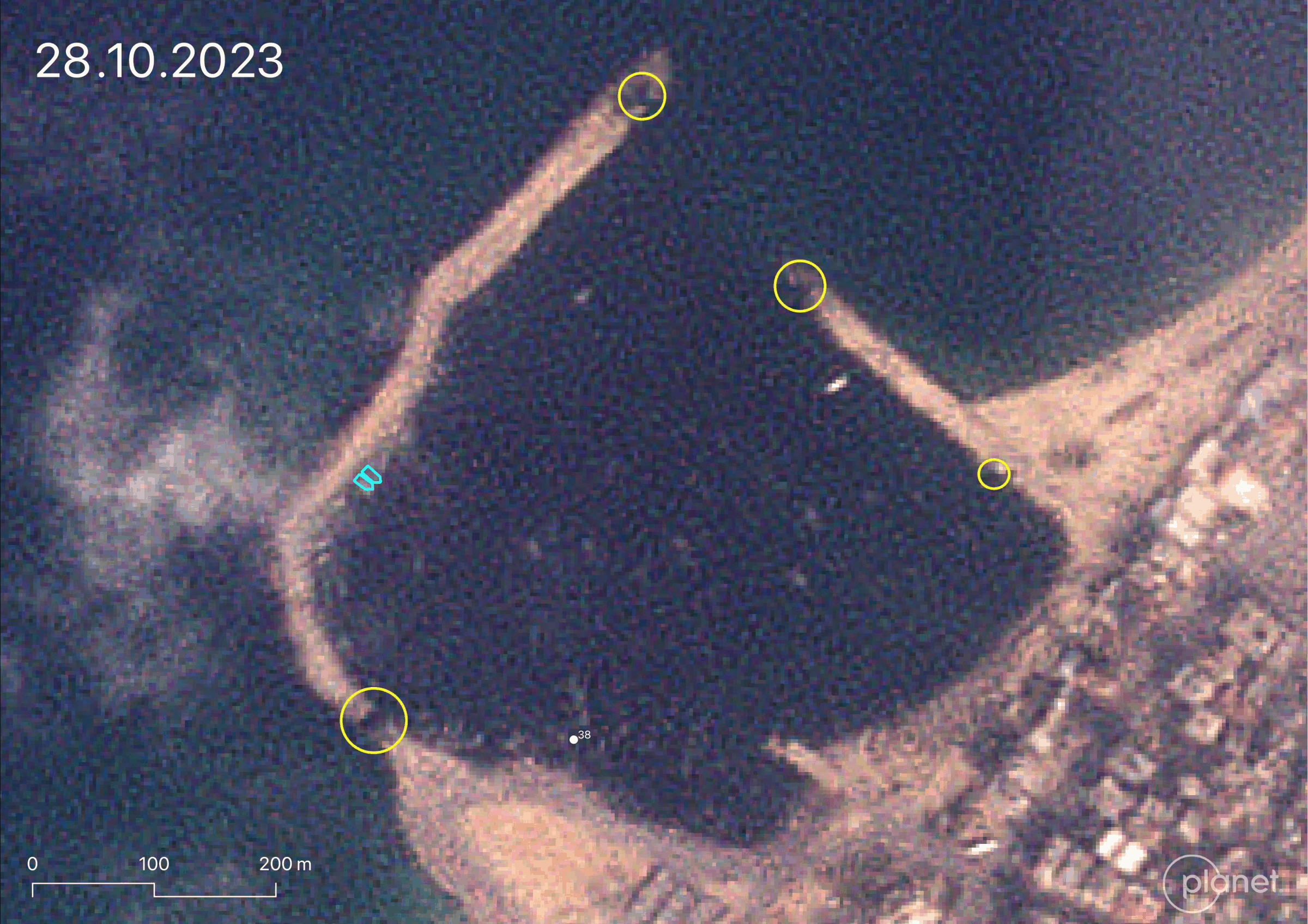  - Fig 5. Analysis of damage to the port. Image: 28 October 2023 © Planet Labs PBC (Forensic Architecture, 2025)