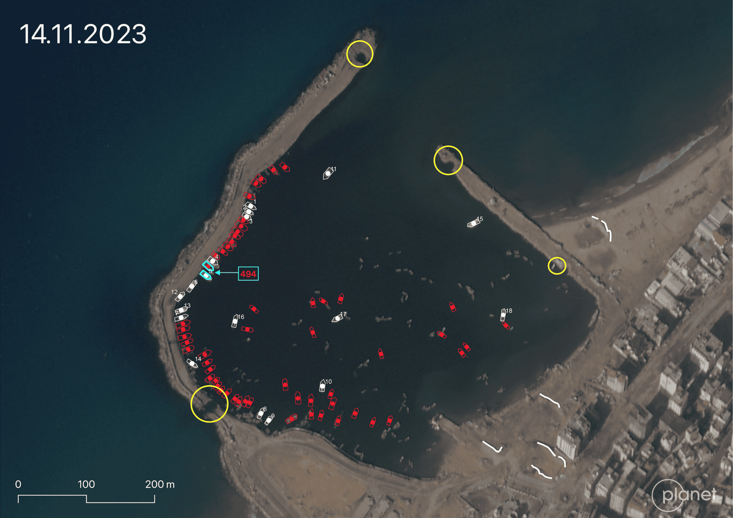  - Fig 6. Satellite imagery shows earth berms near the port. Image: 14 November 2023 © Planet Labs PBC (Forensic Architecture, 2025)
