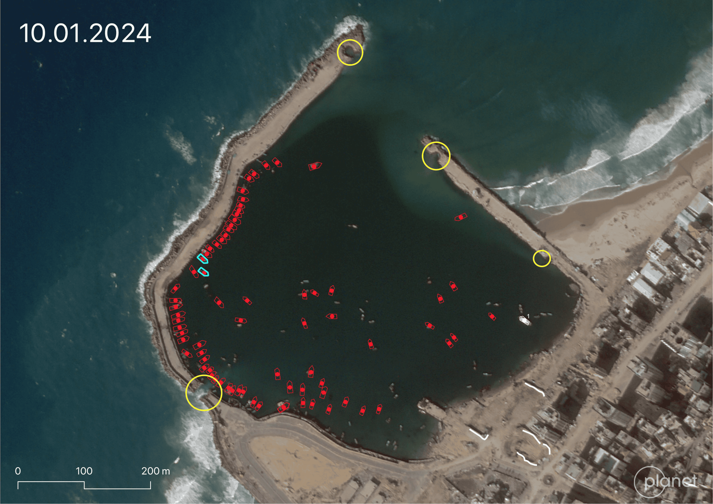  - Fig 7. Annotated image showing analysis of damage to the port. Image: 10 January 2024 © Planet Labs PBC (Forensic Architecture, 2025)