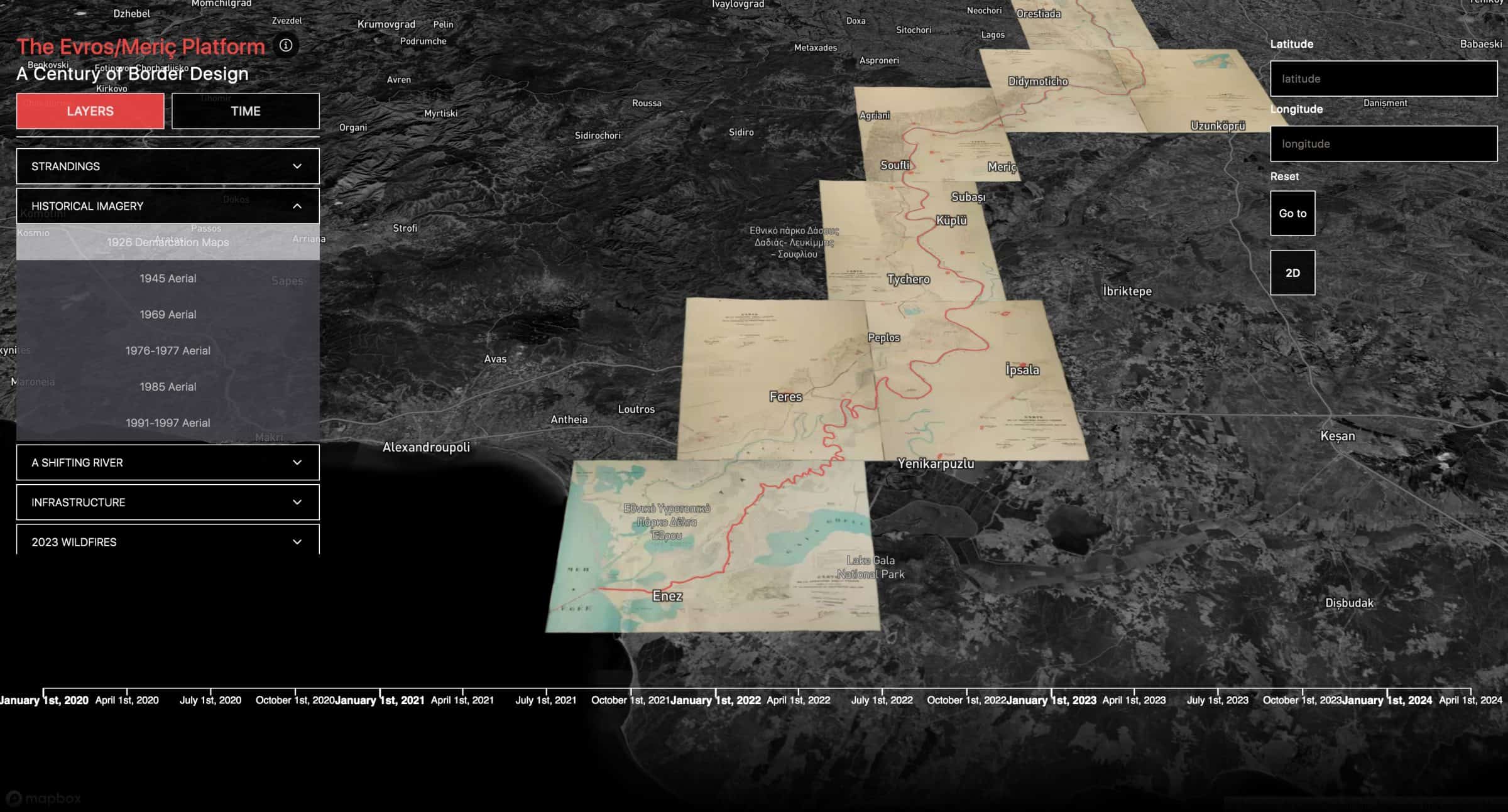 1926 Archival Maps - The original 1926 demarcation maps were georeferenced and accurately layered over a contemporary map of the region in the platform. Archival map: A sheet from the 1926 Athens Protocol, sourced at the UK National Archives. (Forensic Architecture/Forensis, 2025)