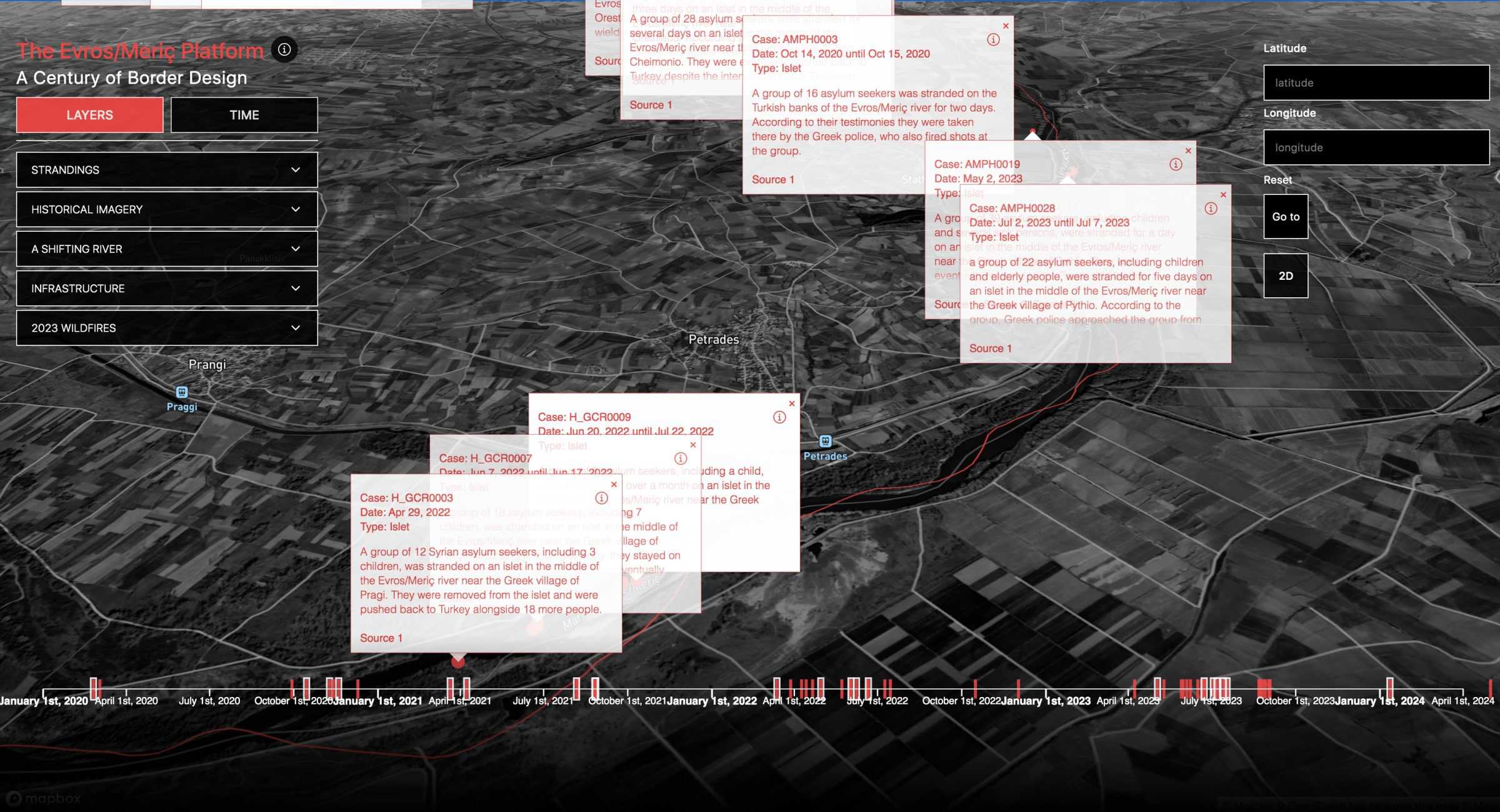 Locations of Stranded Groups - The locations of different groups that were stranded in the region mapped in the platform. (Forensic Architecture/Forensis, 2025)