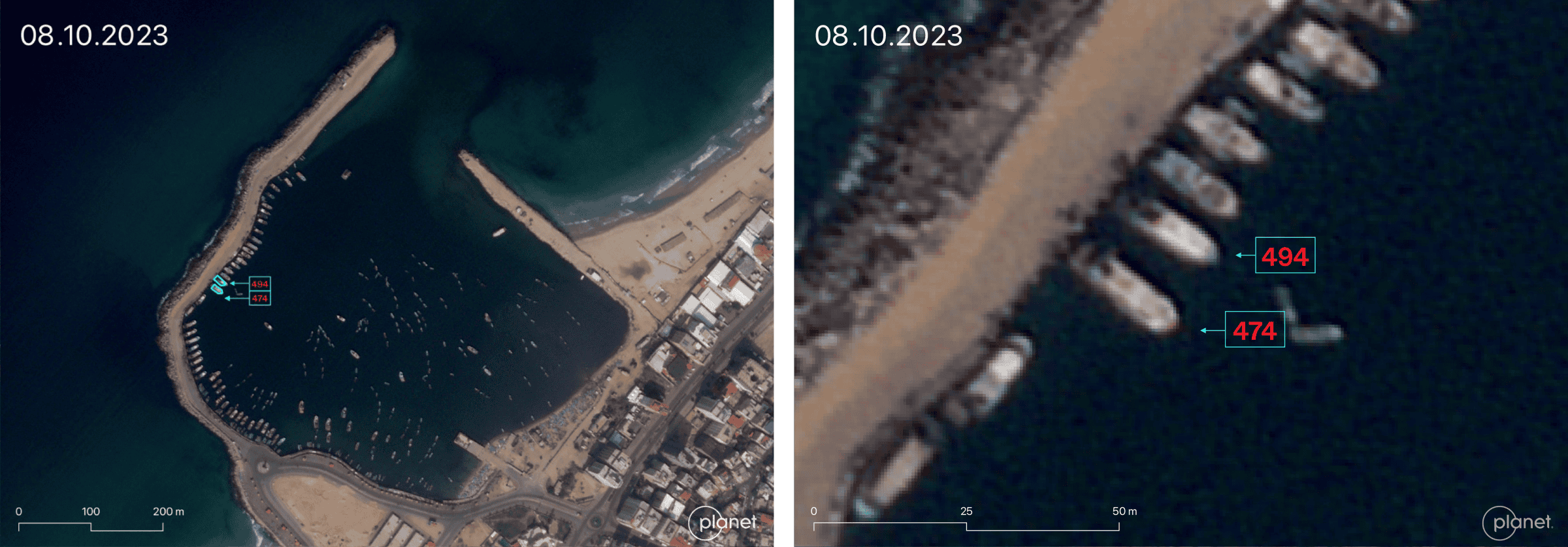  - Fig 10. Annotated satellite images showing the position of vessels No. P-000494 and No. P-000474. Image: 8 October 2023 © Planet Labs PBC (Forensic Architecture, 2025)