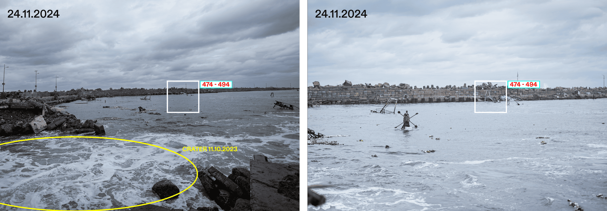  - Fig 12. Annotated images showing the position of the remains of vessels No. P-000494 and No. P-000474. Images: 24 November 2024 © Ain Media Gaza (Forensic Architecture, 2025)