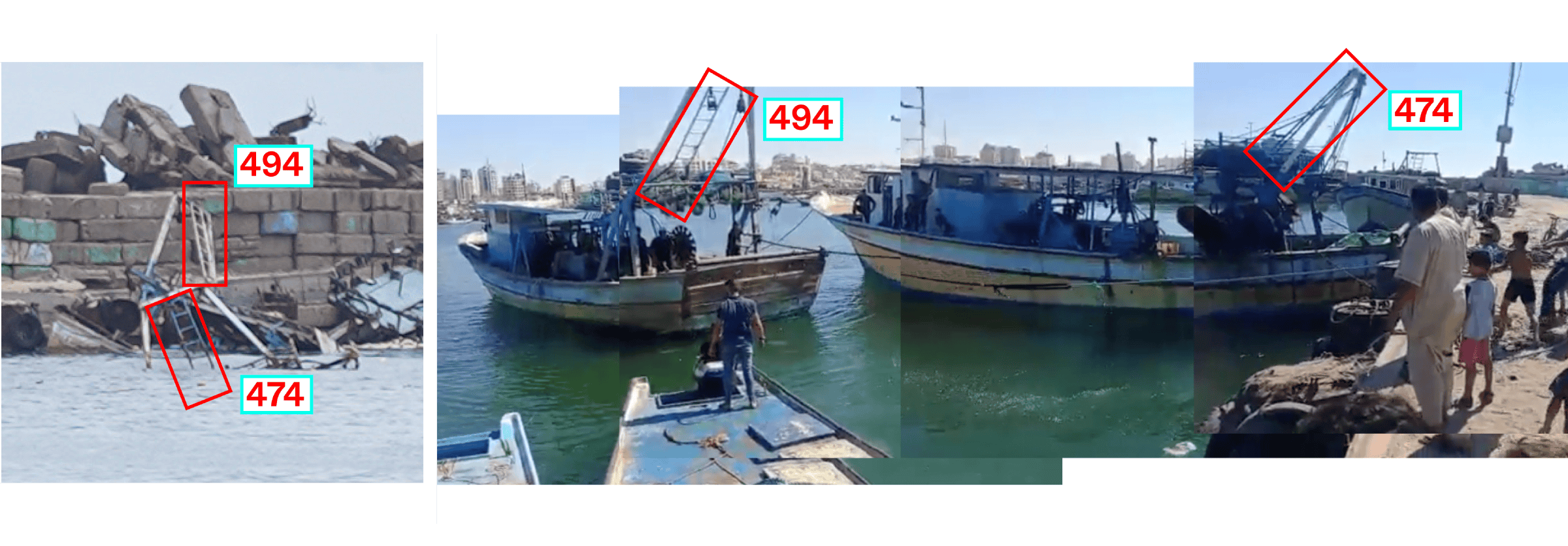  - Fig 13. Annotated images showing the identification of remains of vessels No. P-000494 and No. P-000474. Images: 24 November 2024 © Ain Media Gaza (left) and Al-Hassi family (right). (Forensic Architecture, 2025)
