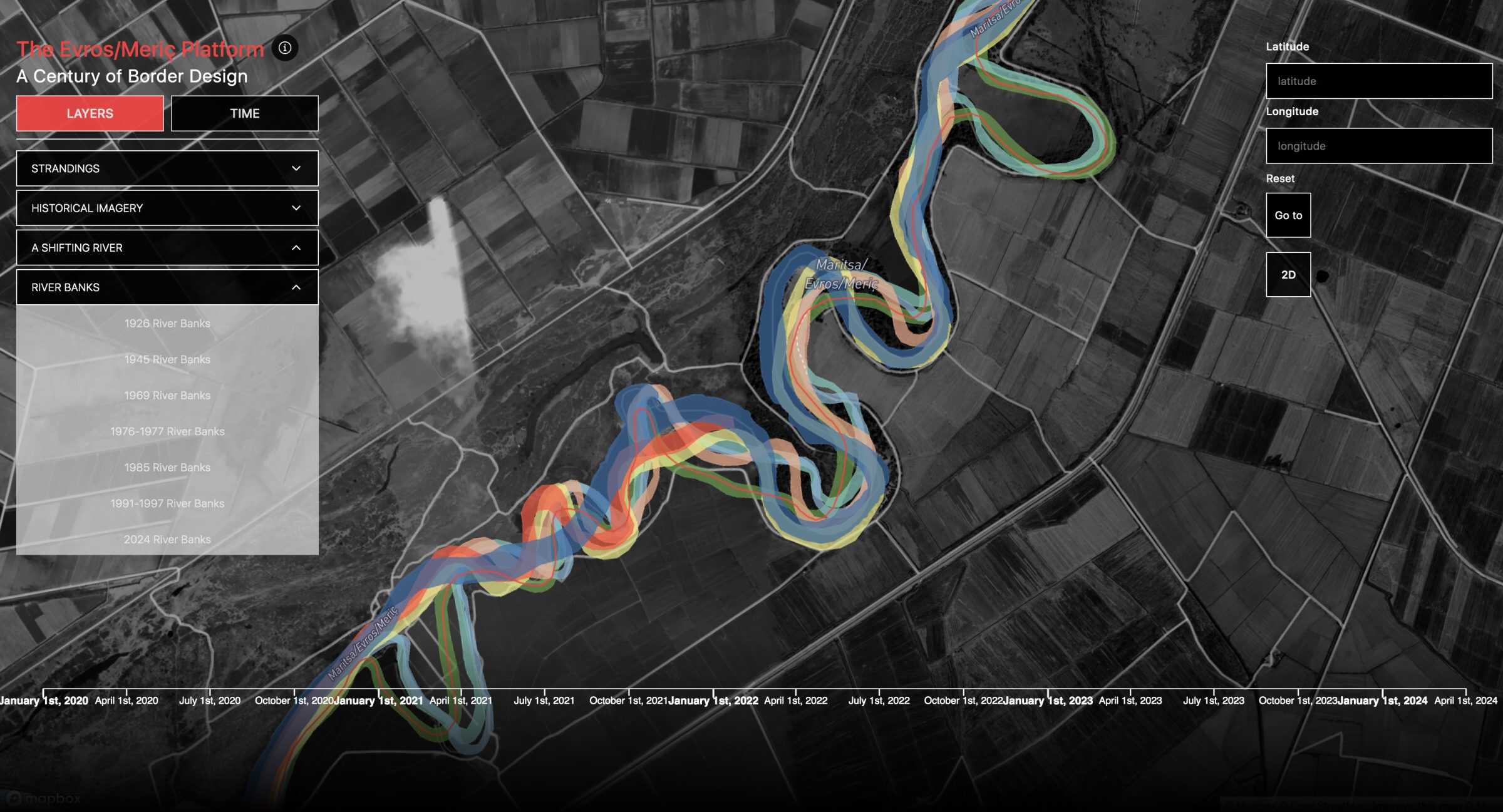 Shifting River Course - The shifting course of the river between 1926 and 2024. (Forensic Architecture/Forensis, 2025)