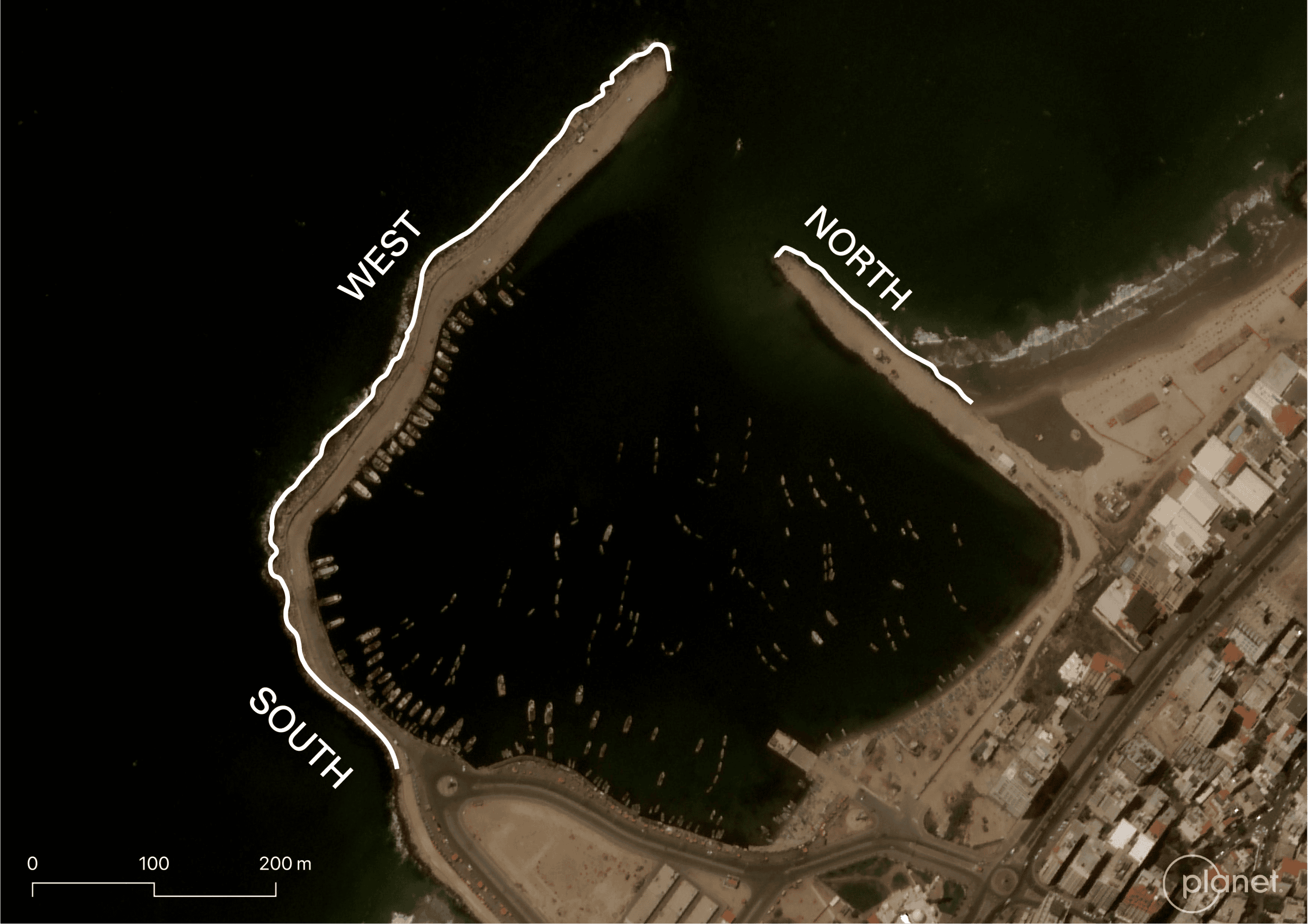  - Fig 2. Annotated aerial image of the Port of Gaza indicating the north, south, and west sections. The sea wall is indicated in white. Image: 8 October 2023 © Planet Labs PBC (Forensic Architecture, 2025)