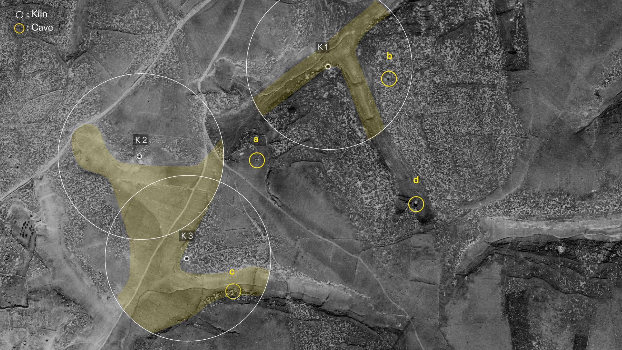 - Annotated aerial photograph from 1945 showing the four likely sites of Tur al-Zagh and the potential kiln where the bodies of those massacred are buried. (Forensic Architecture, 2025)