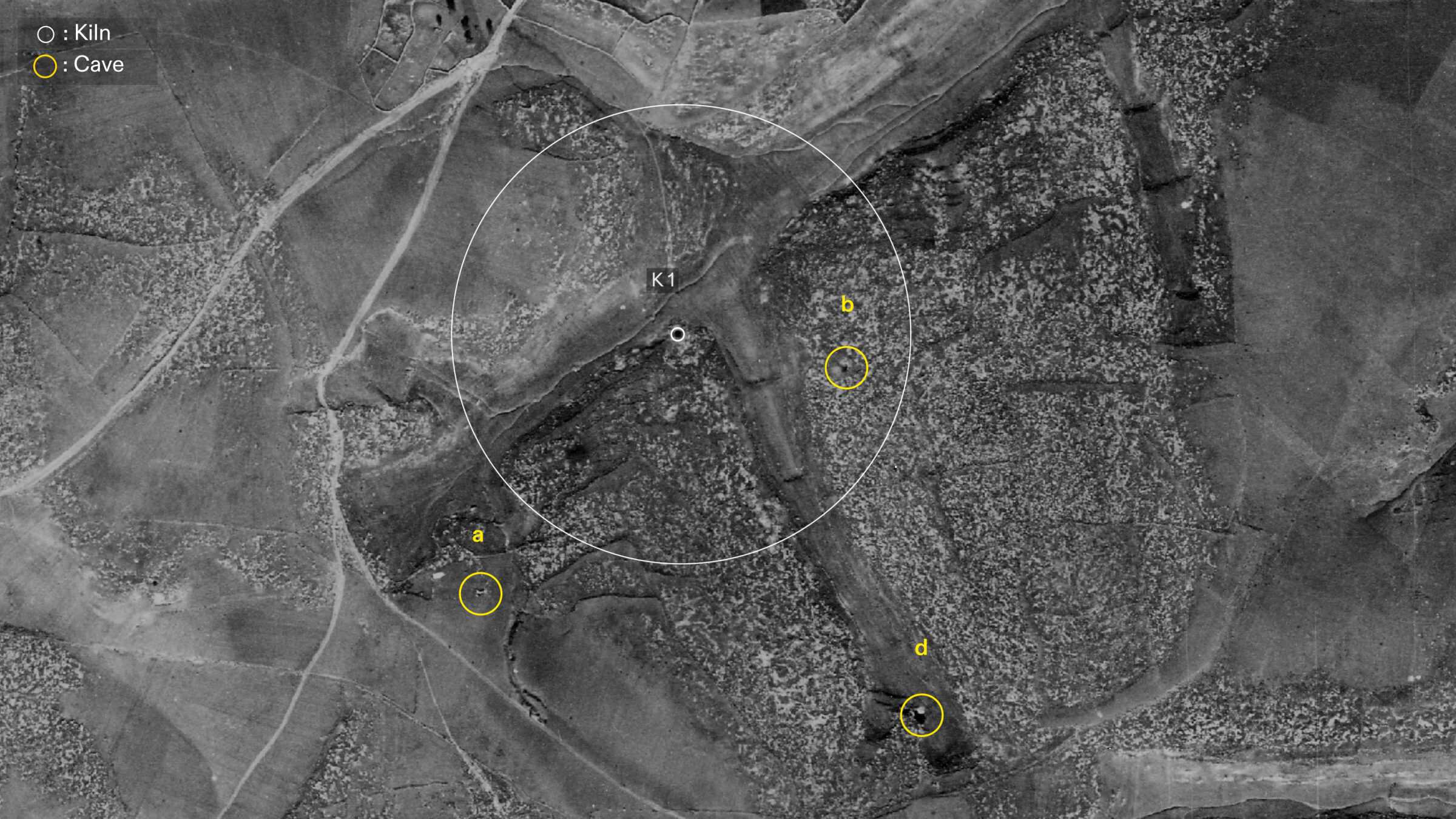 - Annotated aerial photograph from 1945 showing the three most likely sites of Tur Al-Zagh and the potential kiln where the bodies of those massacred are buried. (Forensic Architecture, 2025)