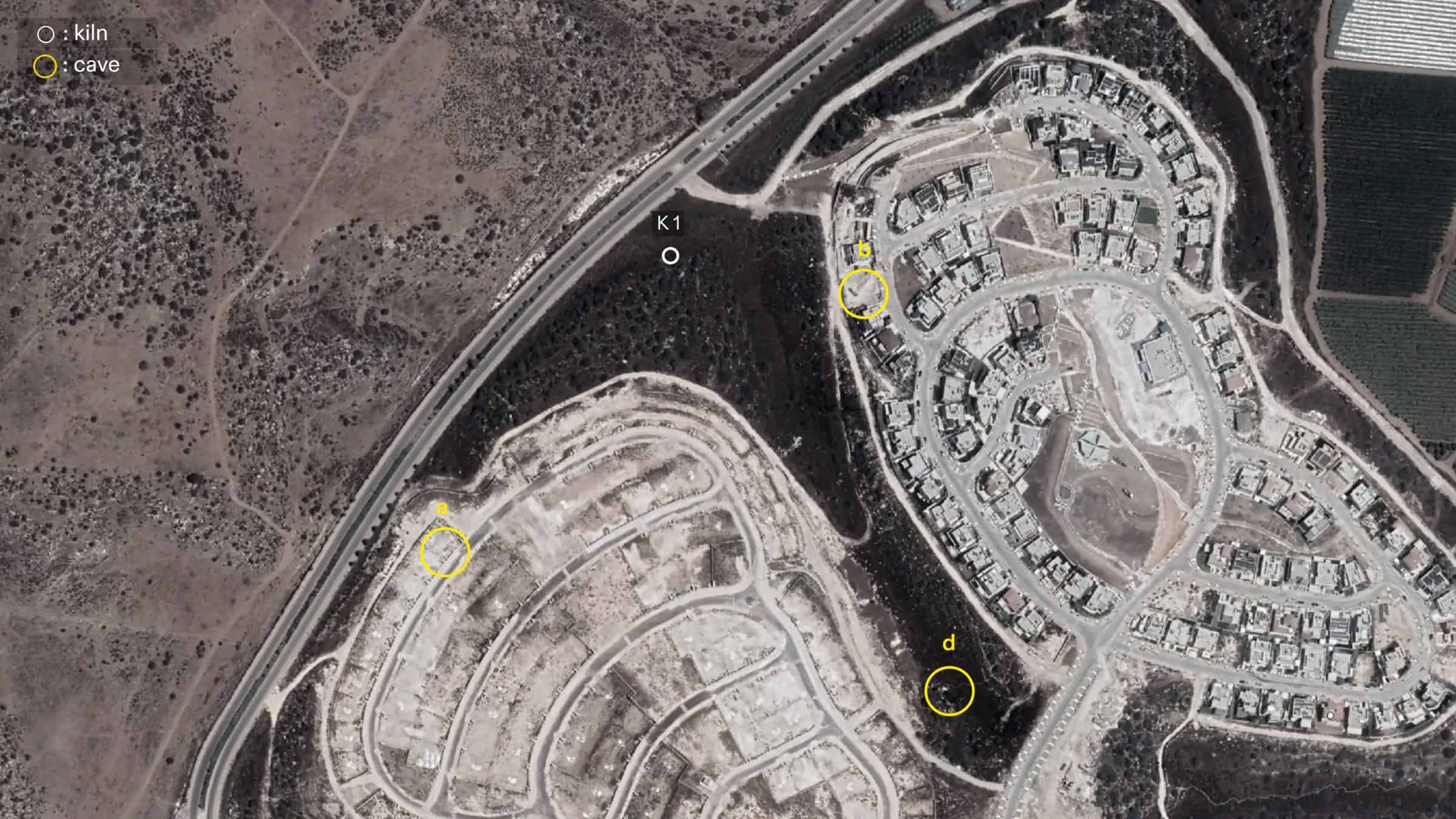 - Annotated satellite image from 2024 showing the likely sites of Tur al-Zagh and the potential kiln where the bodies of those massacred are buried. (Forensic Architecture, 2025)
