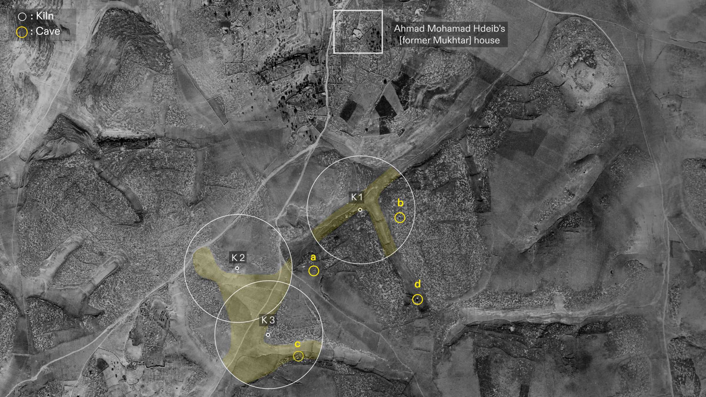 - Location of the house of the former Mukhtar, and the four potential caves, marked in the 1945 aerial photograph. (Forensic Architecture, 2025)