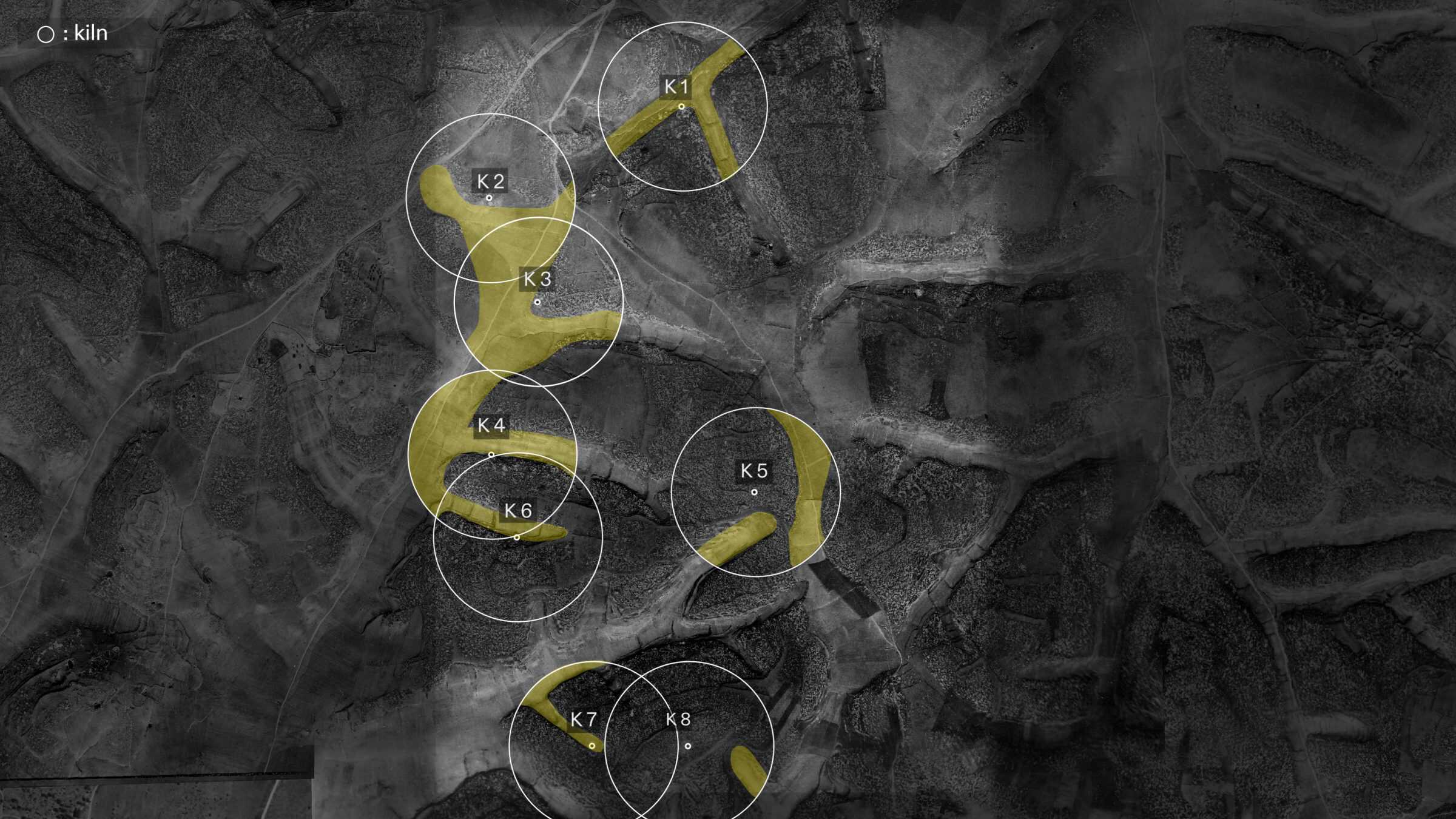 - Annotated aerial image from 1945 showing the kilns and valleys within the delimited area where the cave may be located. (Forensic Architecture, 2025)