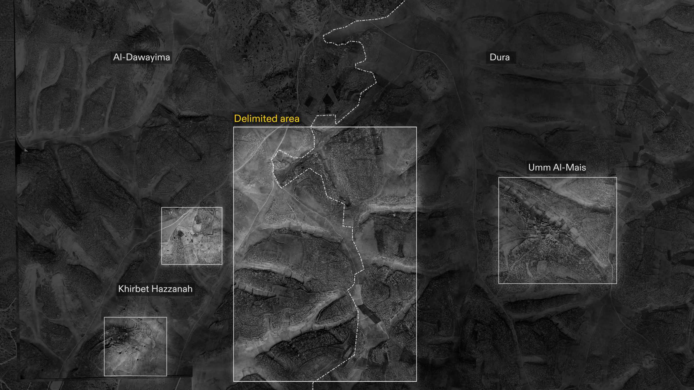 - Annotated aerial photograph from 1945 shows markers used to define the delimited area where the cave may be located. (Forensic Architecture, 2025)