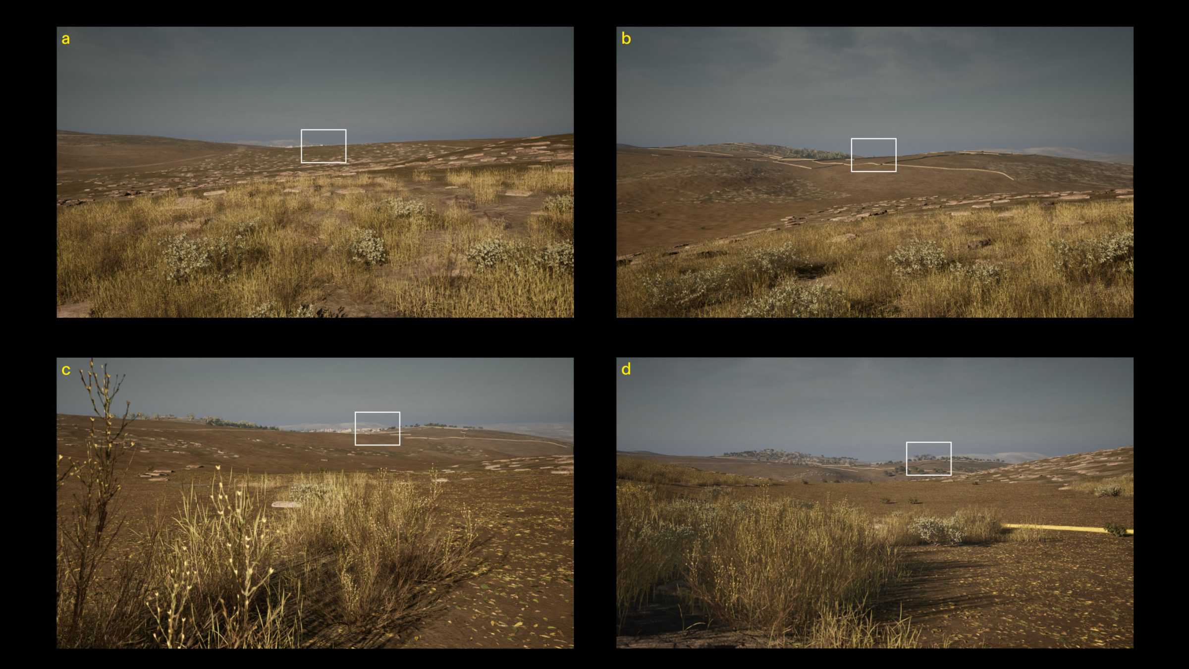 - 3D Reconstruction of the views from the four potential sites of Tur al-Zagh. The area of the house of the former Mukhtar is highlighted in white. (Forensic Architecture, 2025)