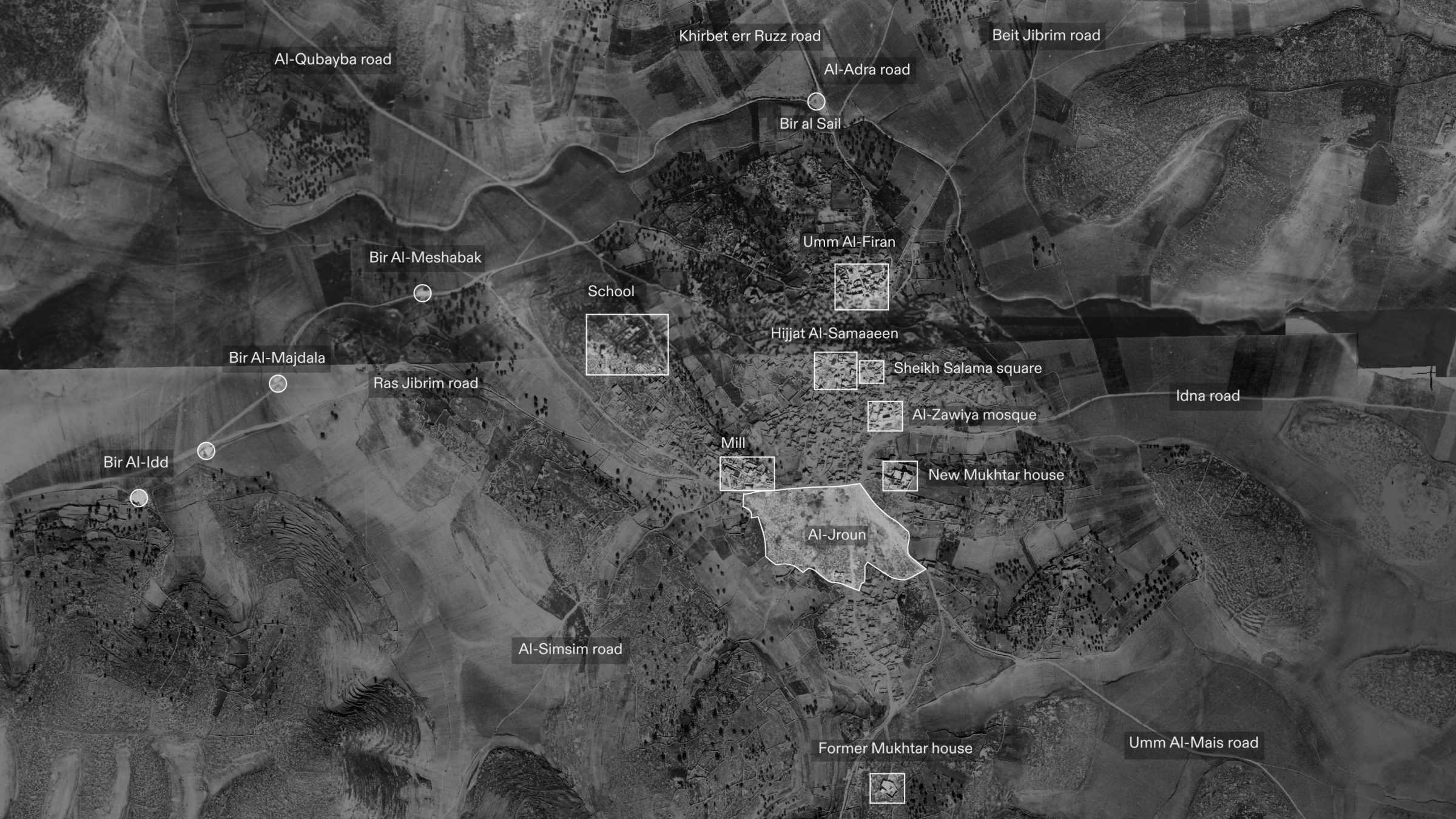 - Using Abu Yasser’s numerous memory maps, we identified the location of the village’s main landmarks, here marked on a 1945 aerial photograph. (Forensic Architecture, 2025)