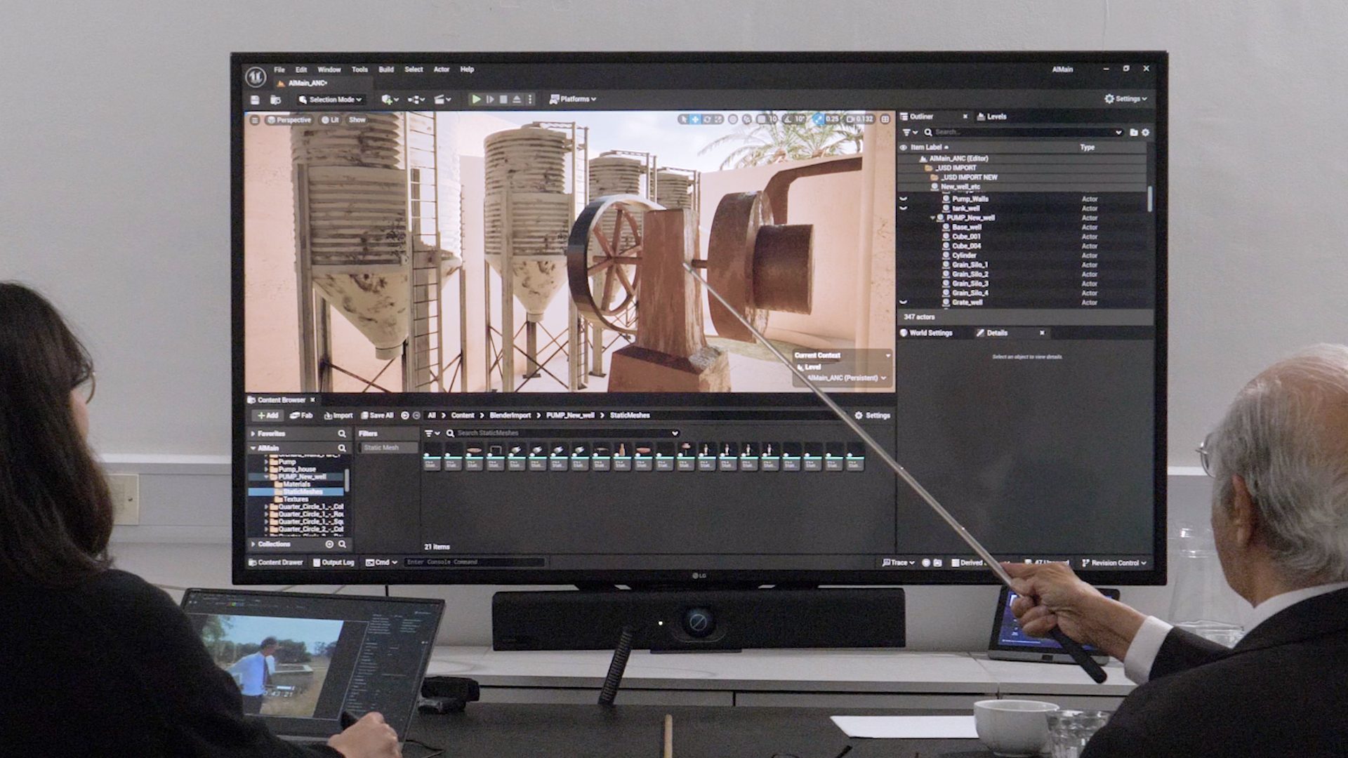  - Still from the 'situated testimony' interview with Salman Abu Sitta reconstructing the interior of the bayarah building complete with a motorised well and four silos. (Forensic Architecture, 2025)