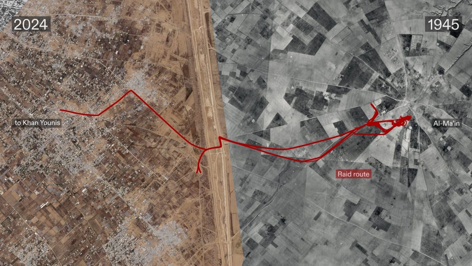  - Composite of 2024 satellite image and 1945 aerial image showing the path of a raid route from al-Ma'in’s Ibreisha house towards Khan Younis. External image sources: © Planet Labs PBC (left) and Palestine Land Society (right). (Forensic Architecture, 2025)